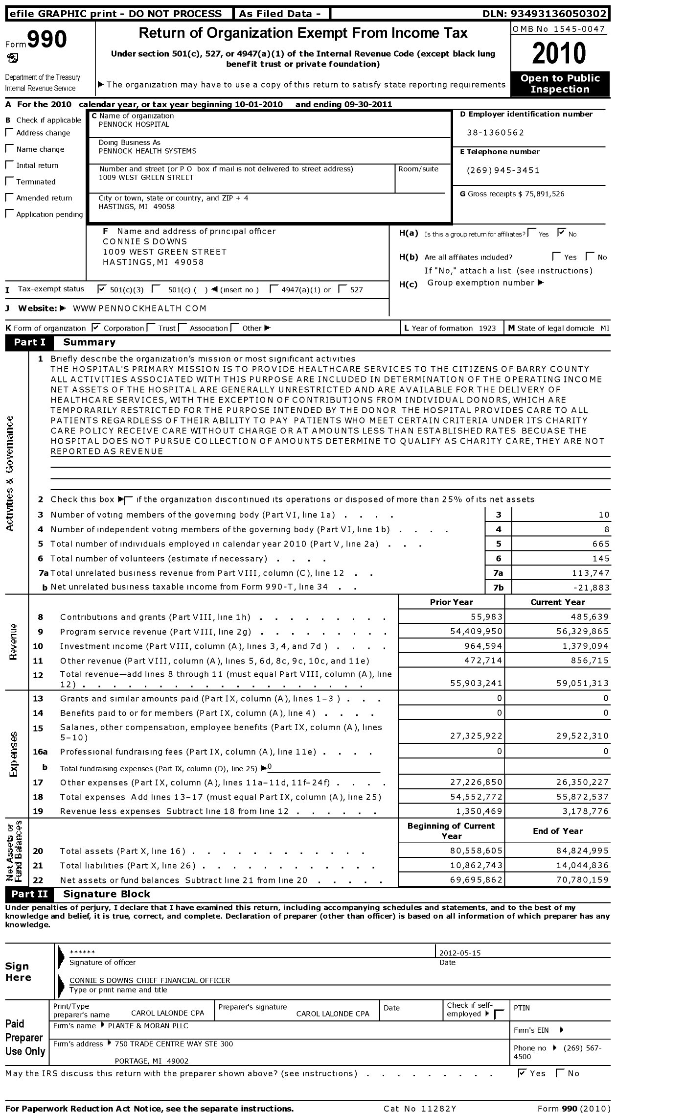 Image of first page of 2010 Form 990 for Pennock Hospital Board of Trustees
