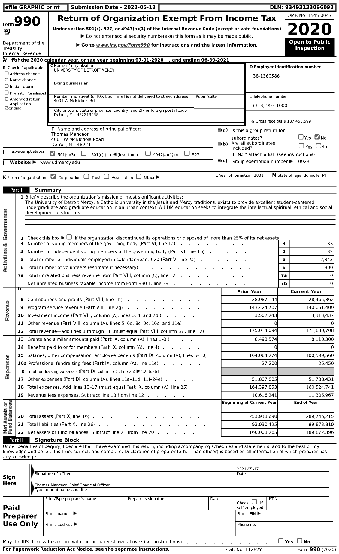 Image of first page of 2020 Form 990 for University of Detroit Mercy (UDM)