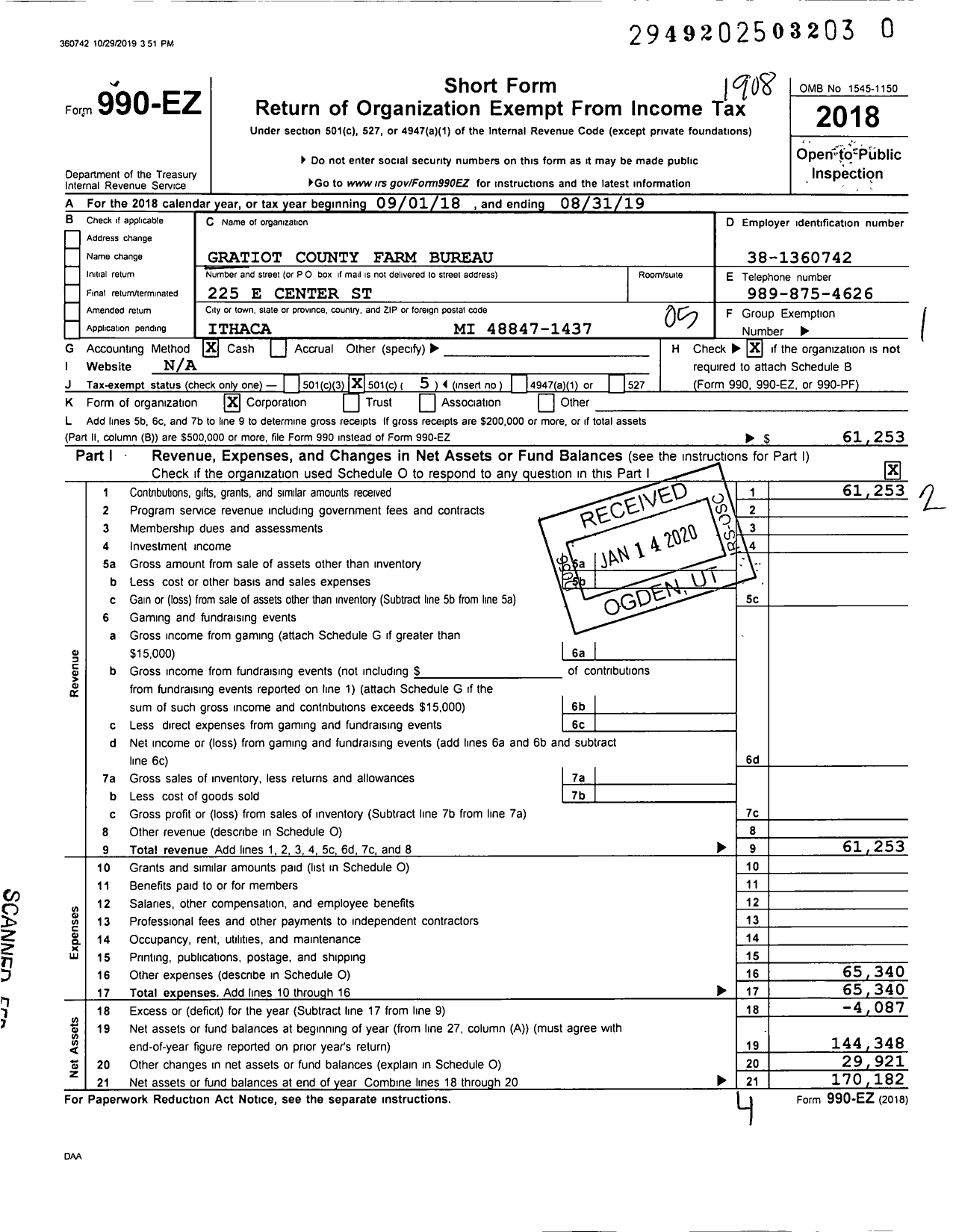 Image of first page of 2018 Form 990EO for Gratiot County Farm Bureau