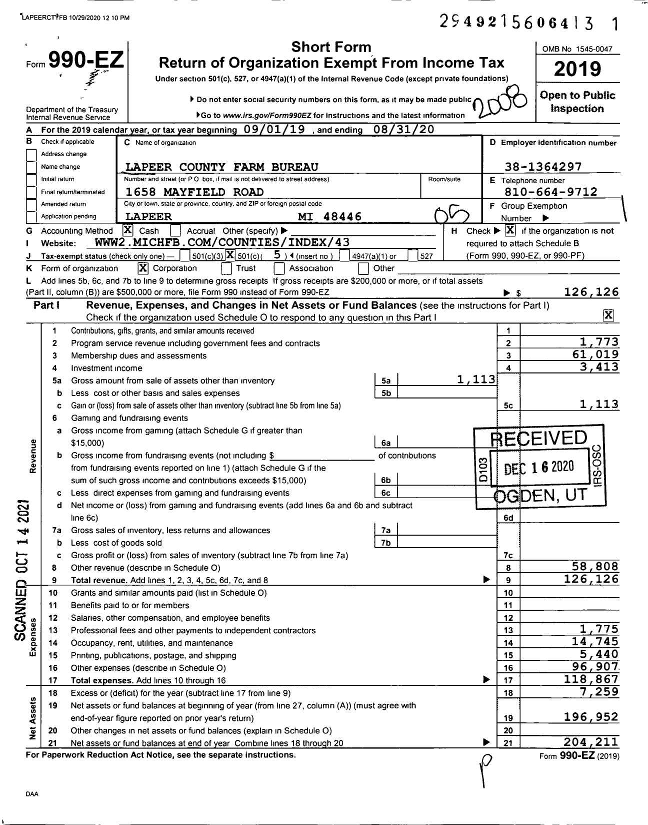 Image of first page of 2019 Form 990EO for Lapeer County Farm Bureau