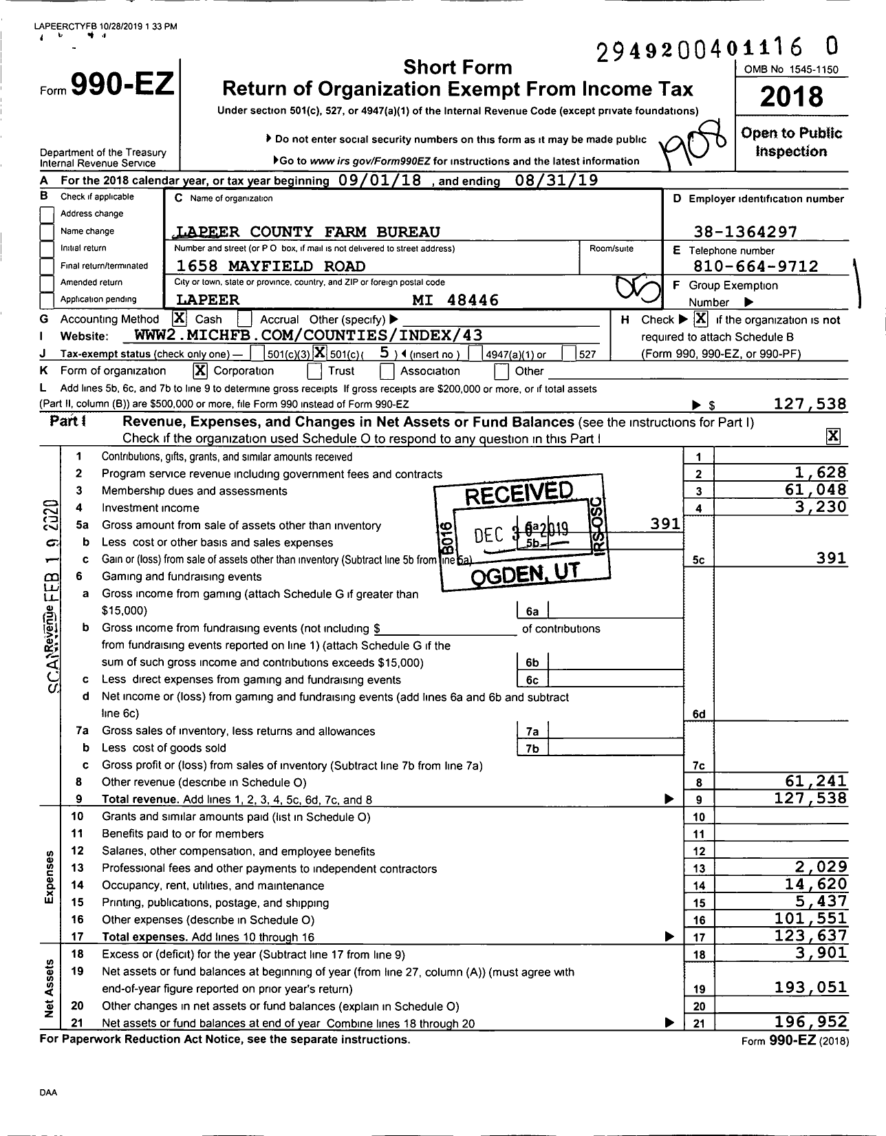 Image of first page of 2018 Form 990EO for Lapeer County Farm Bureau