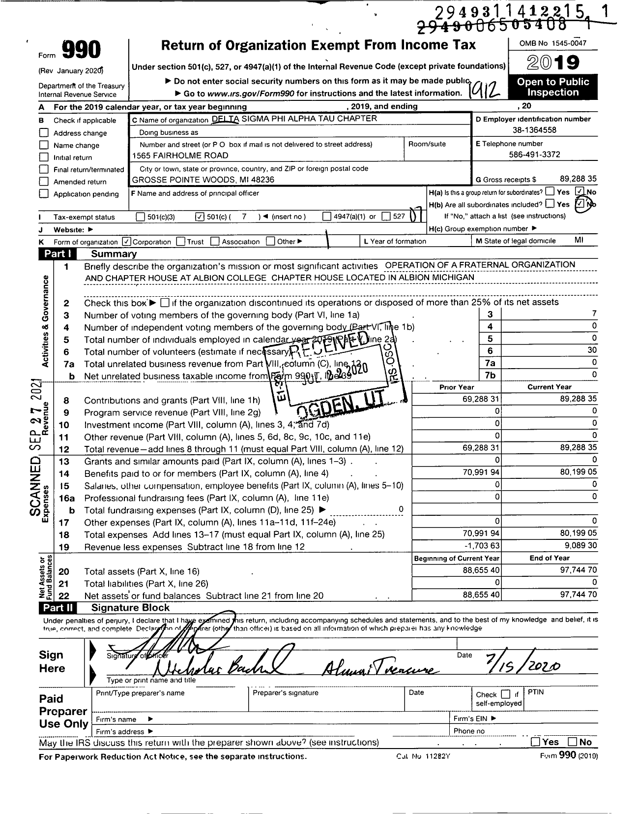 Image of first page of 2019 Form 990O for Delta Sigma Phi Fraternity / Alpha Tau Chapter