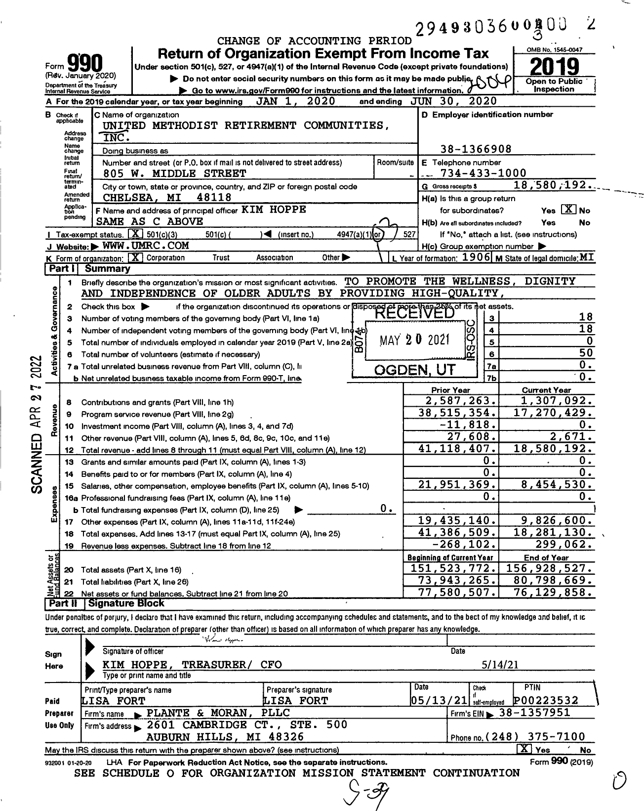 Image of first page of 2019 Form 990 for United Methodist Retirement Communities (UMRC)