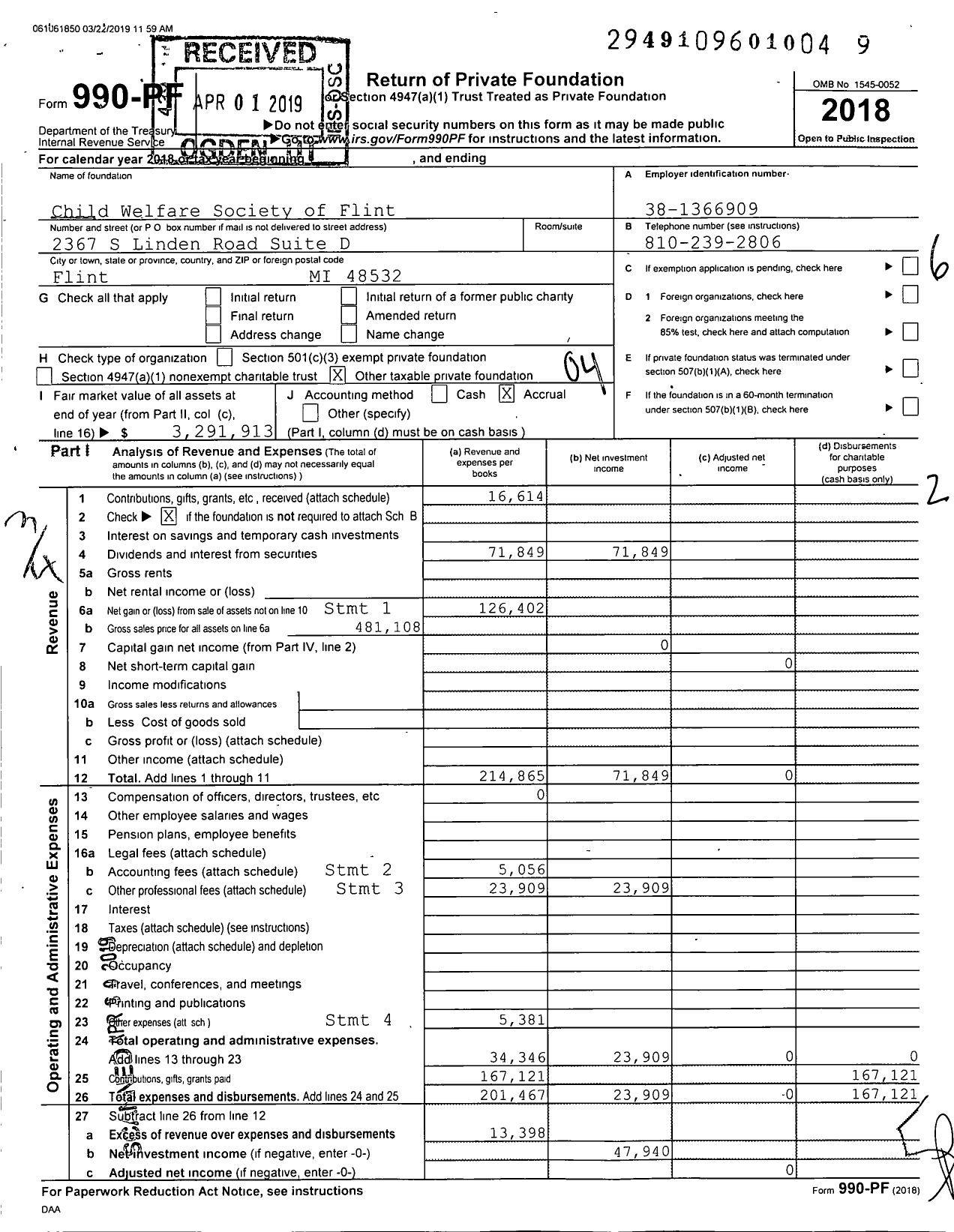 Image of first page of 2018 Form 990PF for Child Welfare Society of Flint