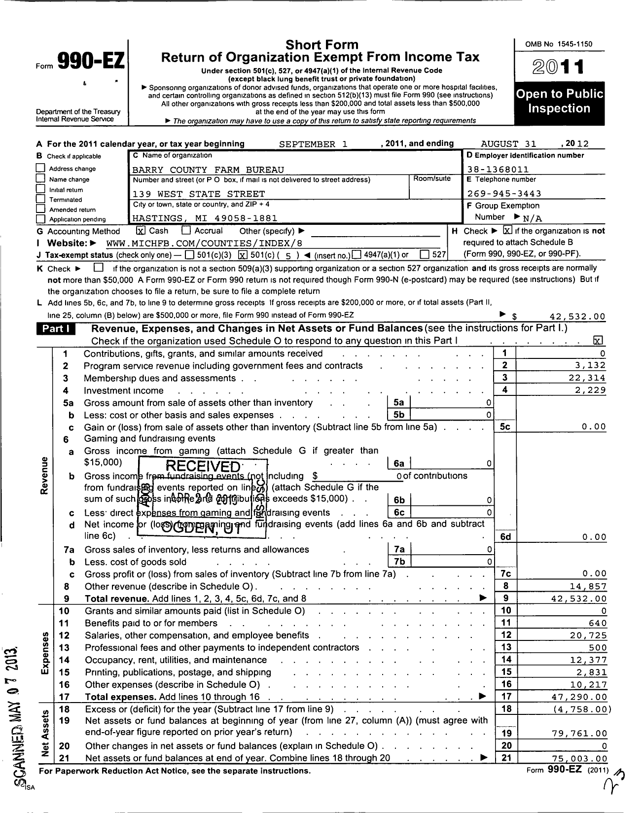 Image of first page of 2011 Form 990EO for Barry County Farm Bureau