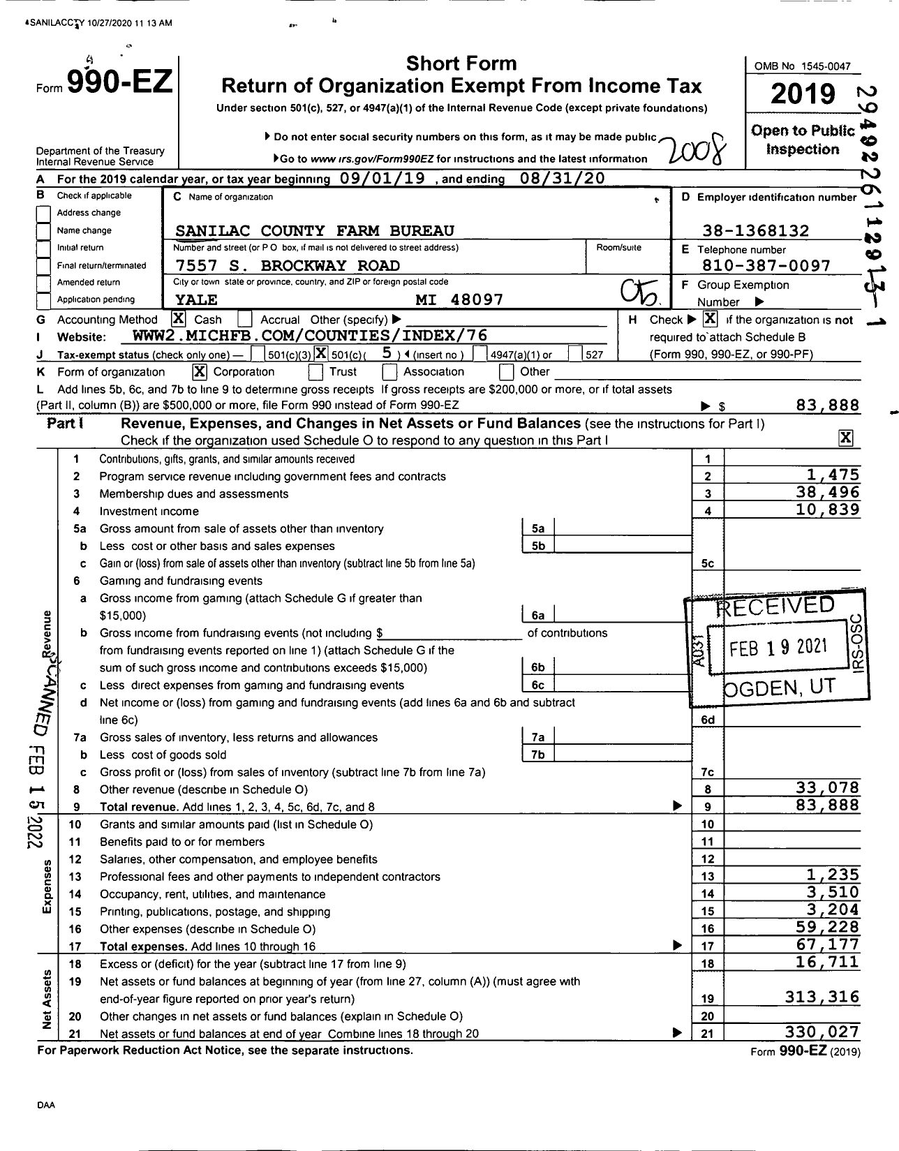 Image of first page of 2019 Form 990EO for Sanilac County Farm Bureau