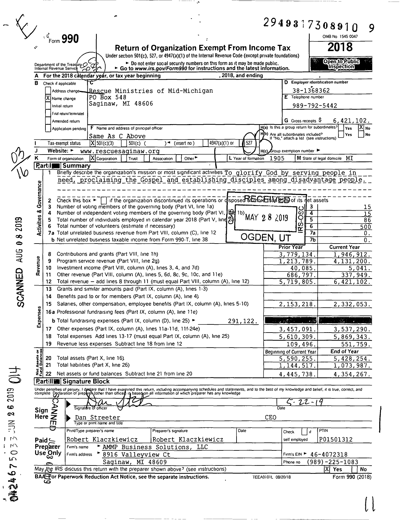 Image of first page of 2018 Form 990 for Rescue Ministries of Mid-Michigan