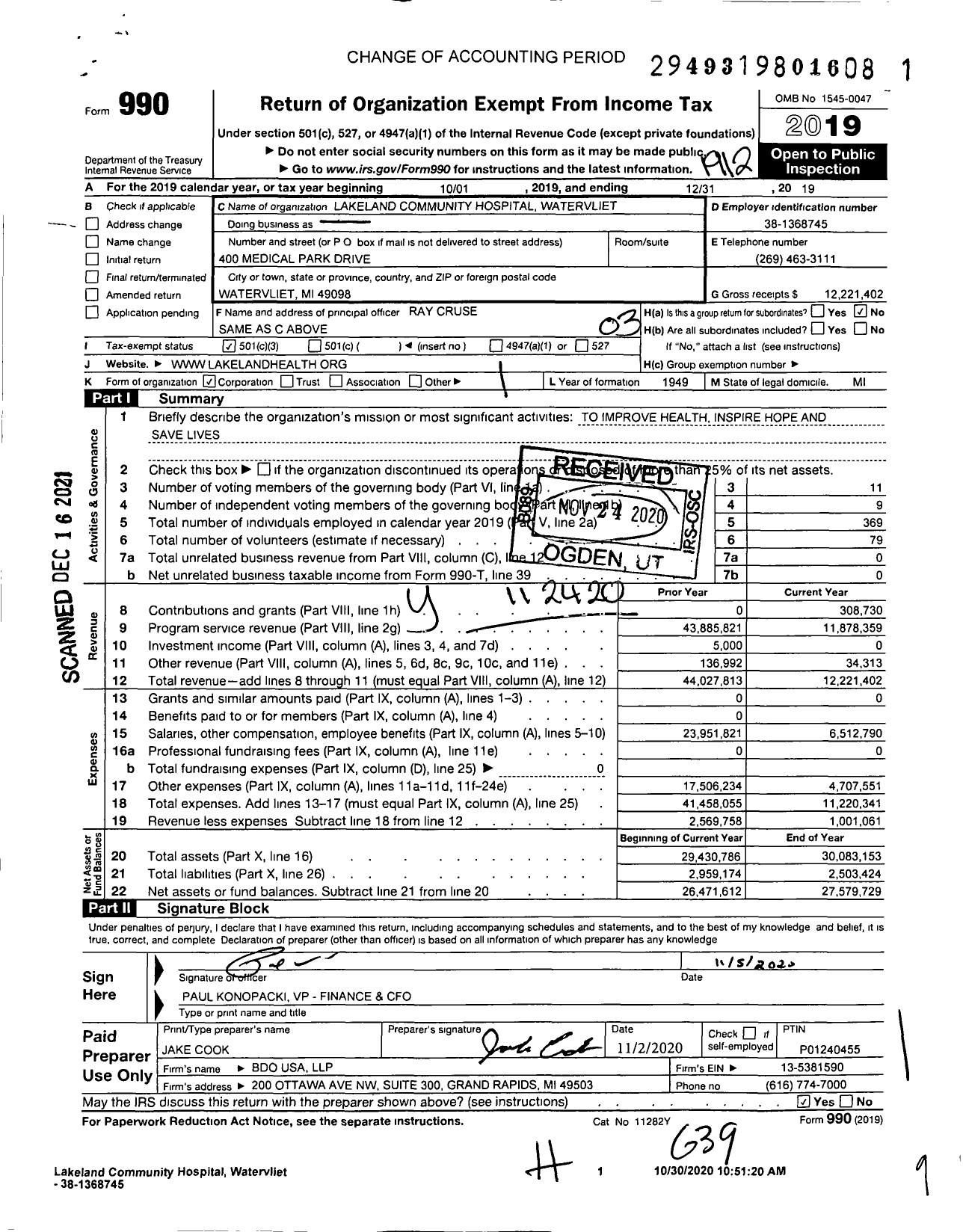 Image of first page of 2019 Form 990 for Lakeland Health