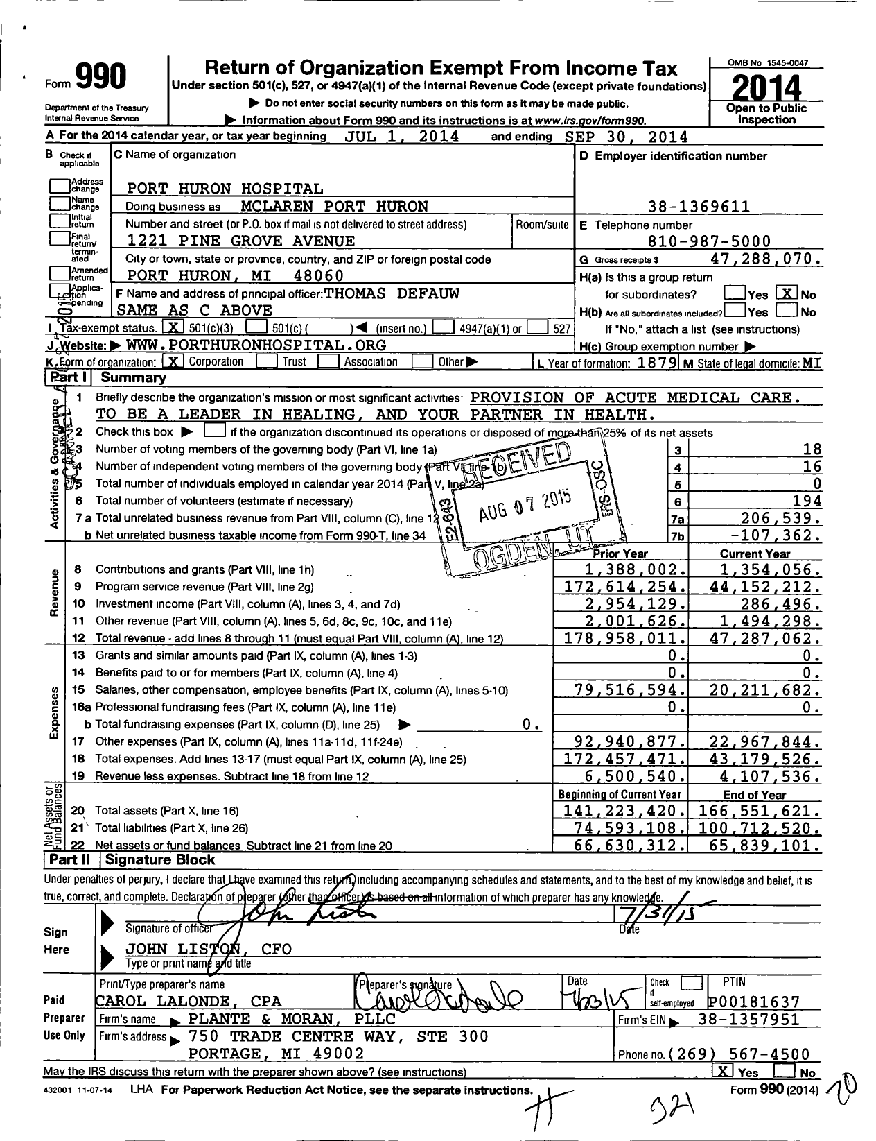 Image of first page of 2013 Form 990 for McLaren Port Huron
