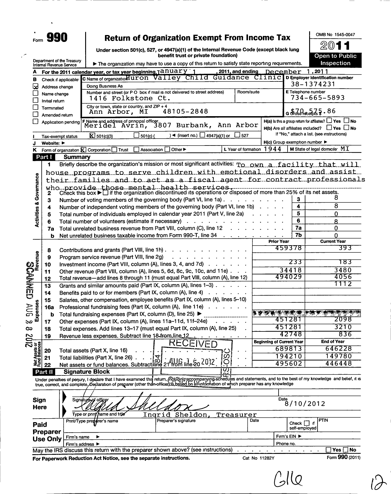 Image of first page of 2011 Form 990 for Huron Valley Child Guidance Clinic