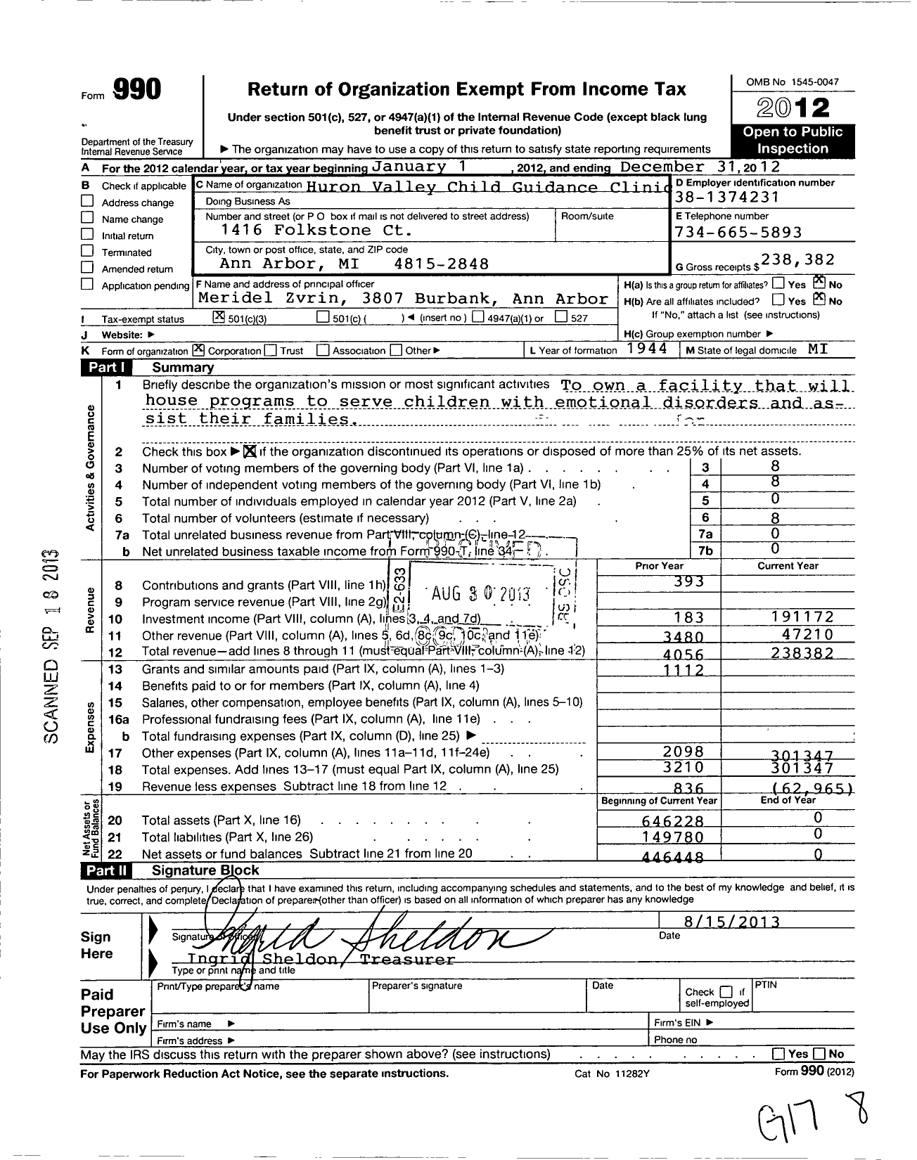 Image of first page of 2012 Form 990 for Huron Valley Child Guidance Clinic