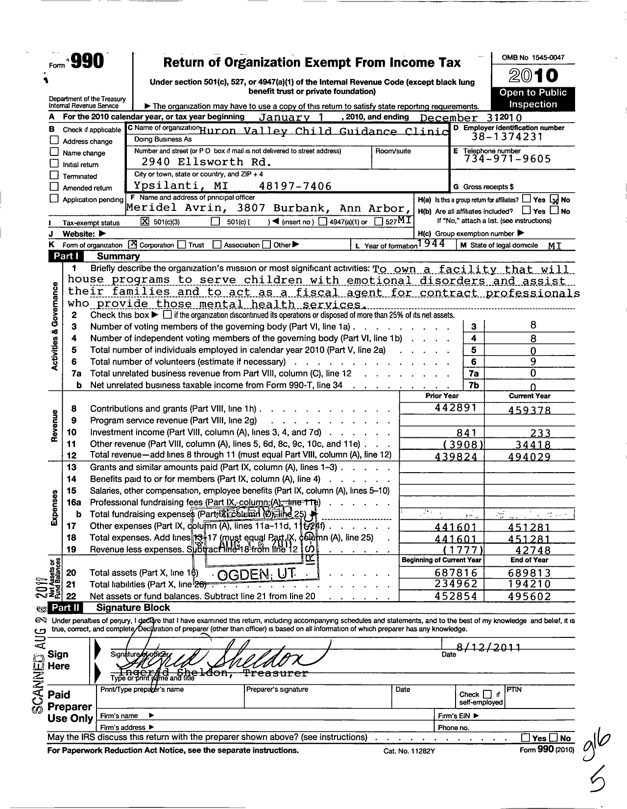 Image of first page of 2010 Form 990 for Huron Valley Child Guidance Clinic