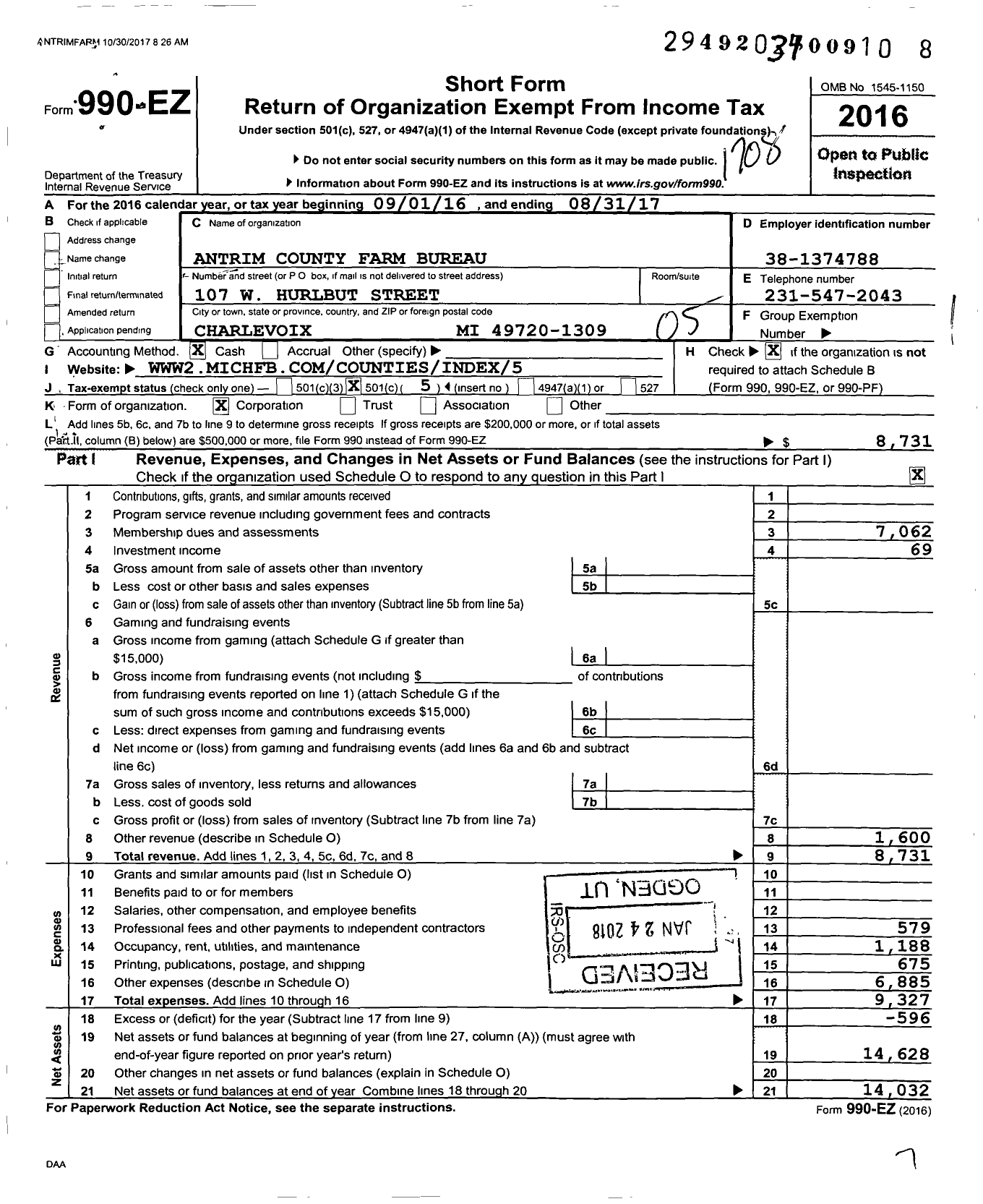 Image of first page of 2016 Form 990EO for Antrim County Farm Bureau