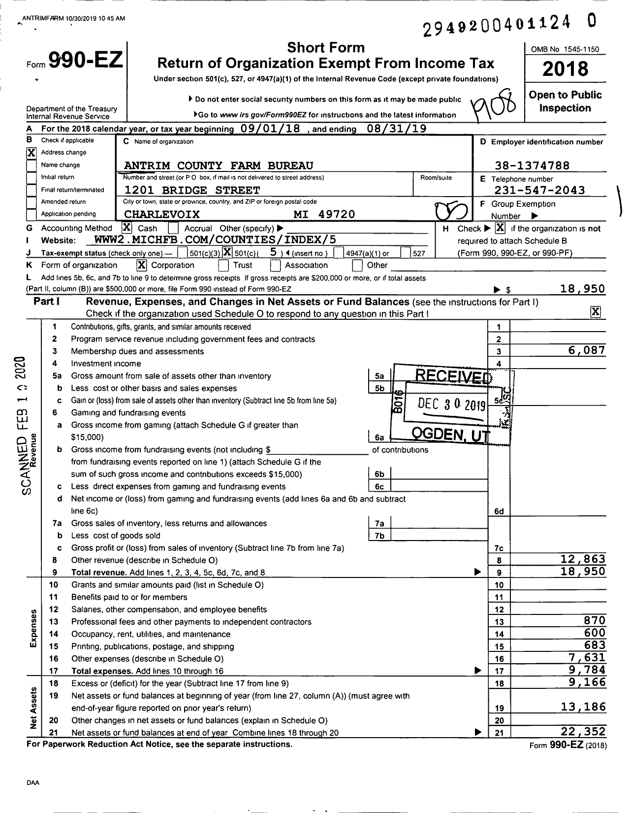 Image of first page of 2018 Form 990EO for Antrim County Farm Bureau