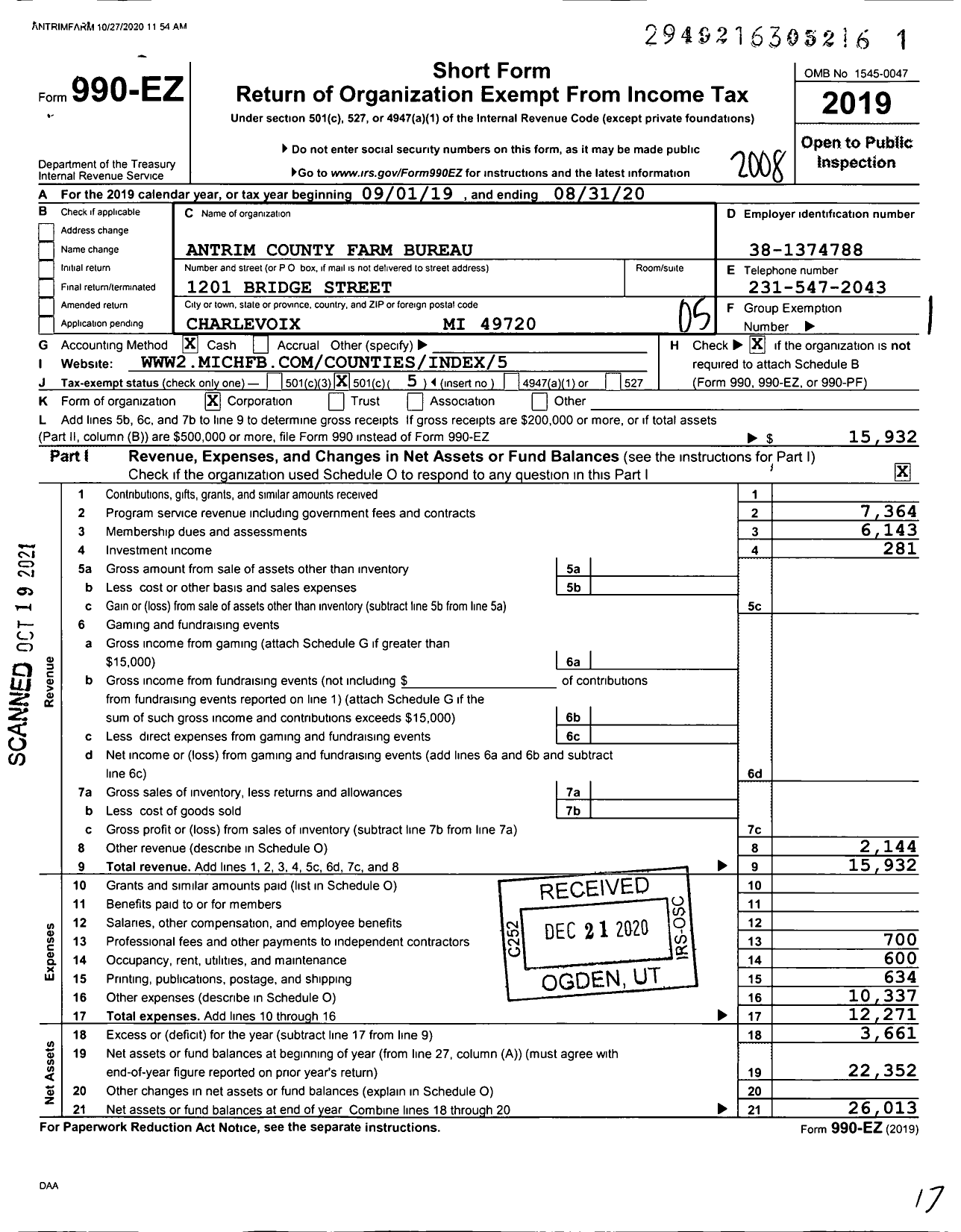 Image of first page of 2019 Form 990EO for Antrim County Farm Bureau