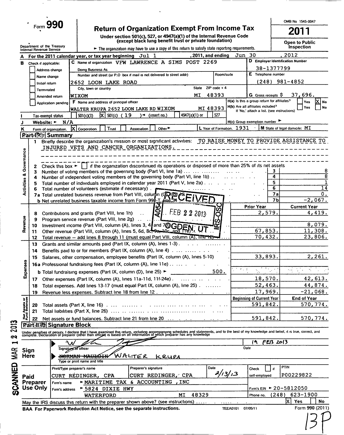 Image of first page of 2011 Form 990O for VFW Department of Michigan - Dist 5 2269 Lawrence A Sims