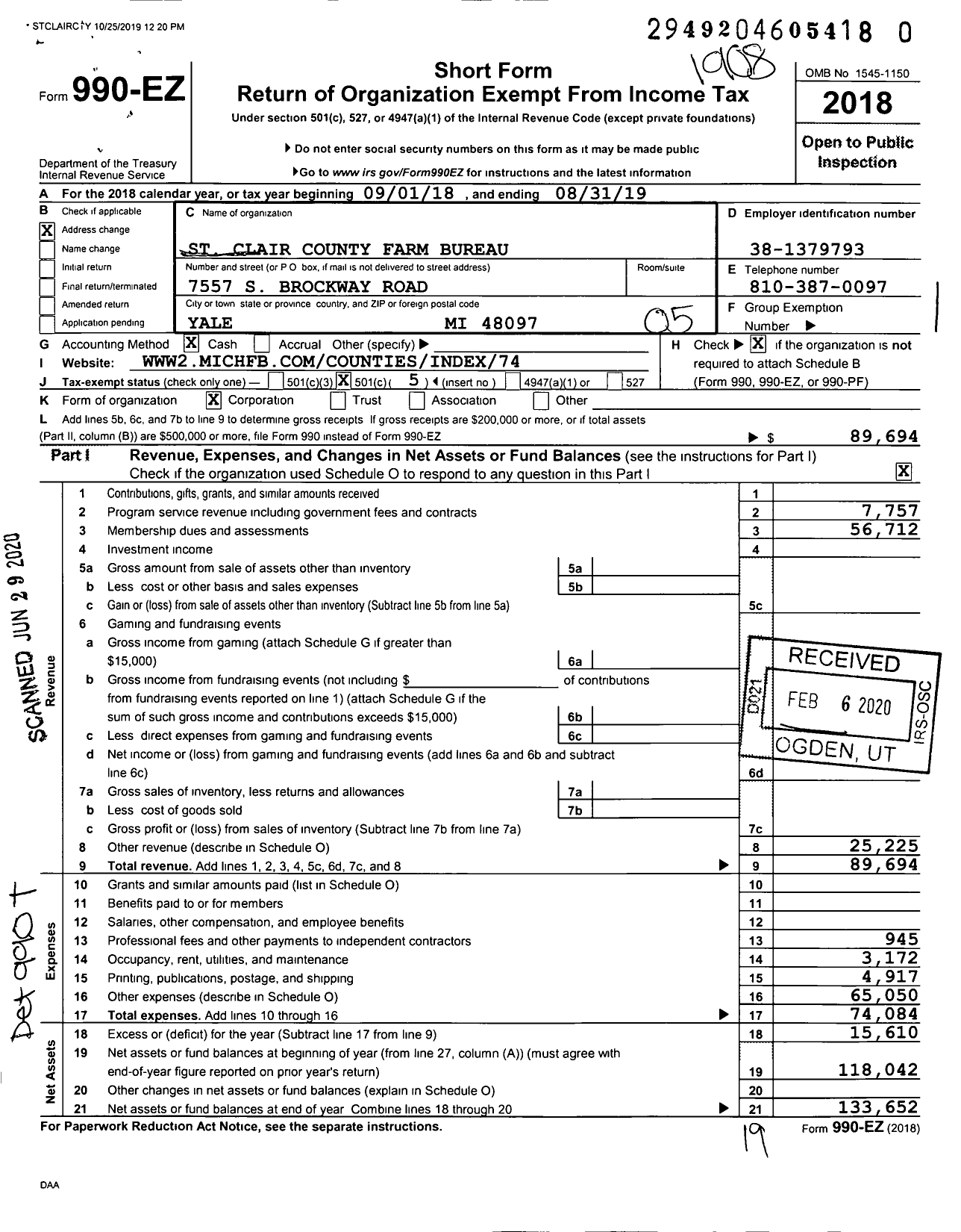 Image of first page of 2018 Form 990EO for St Clair County Farm Bureau