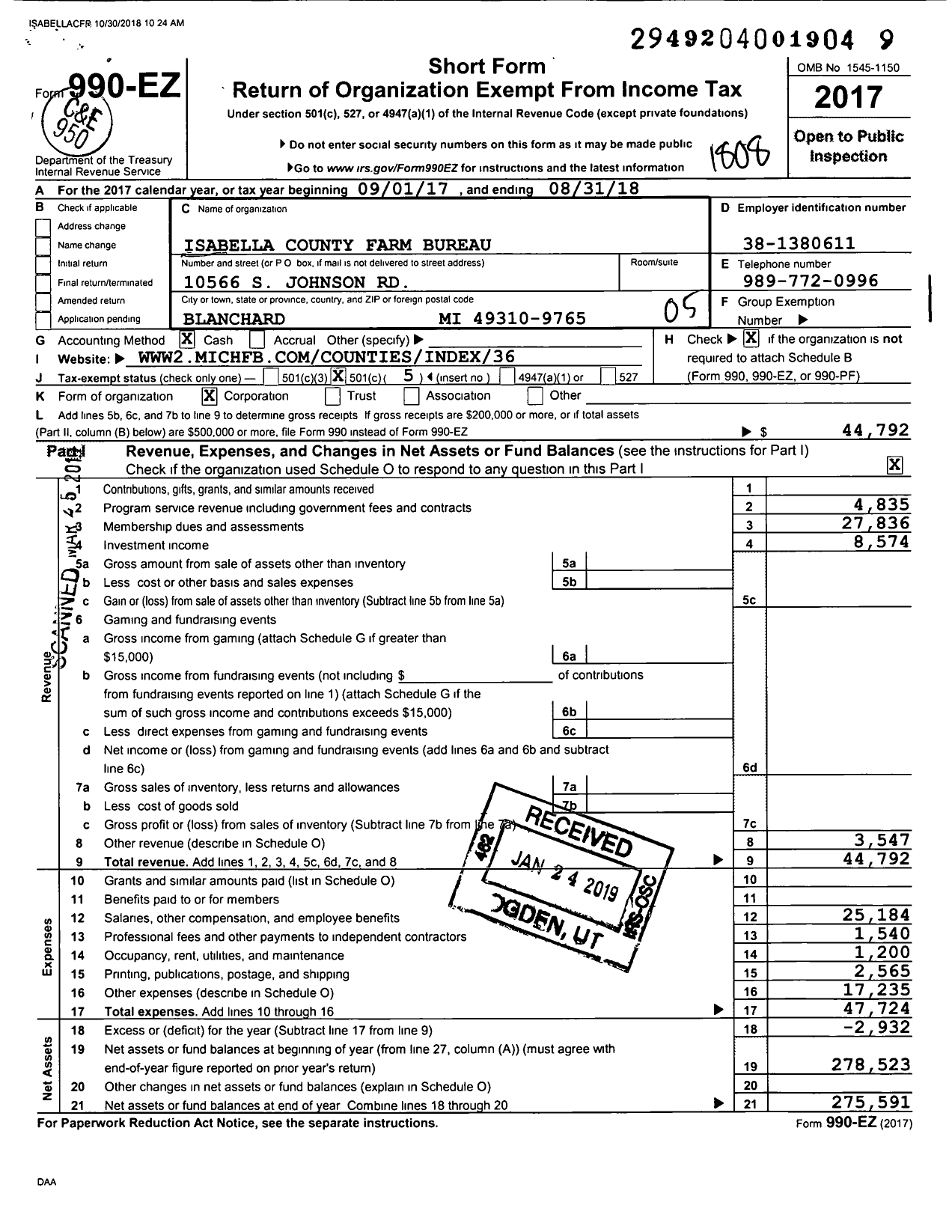 Image of first page of 2017 Form 990EO for Isabella County Farm Bureau