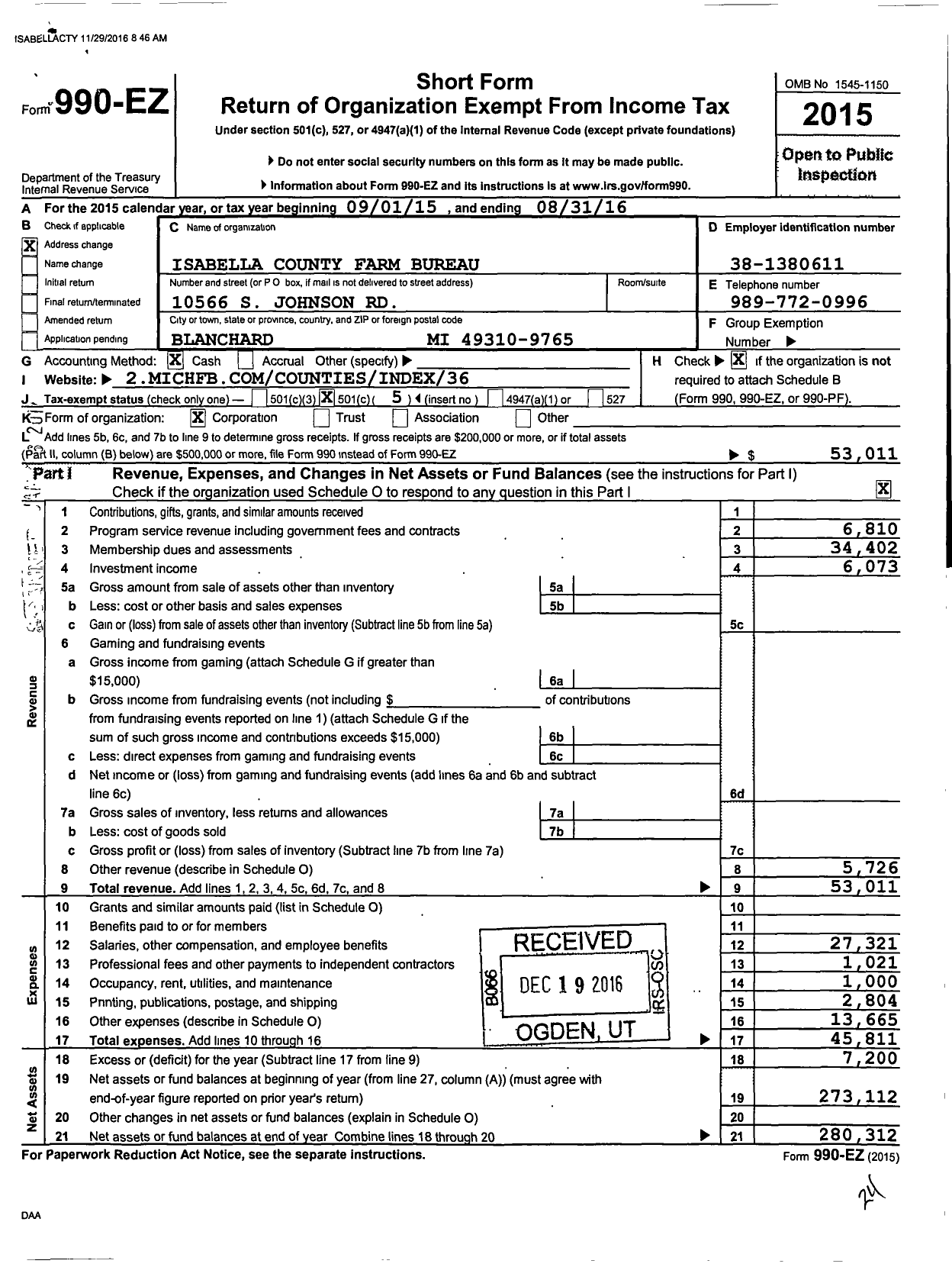 Image of first page of 2015 Form 990EO for Isabella County Farm Bureau