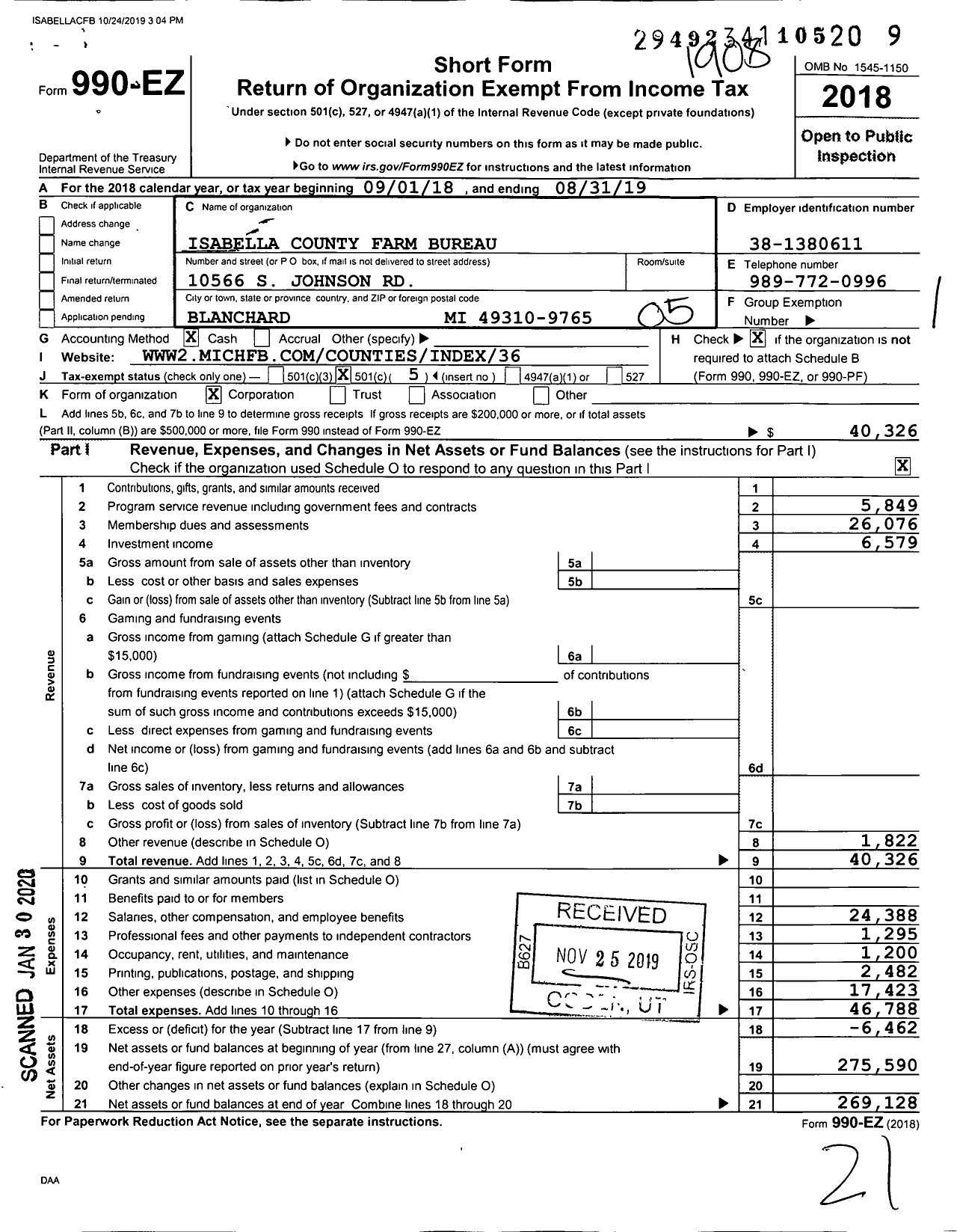 Image of first page of 2018 Form 990EO for Isabella County Farm Bureau