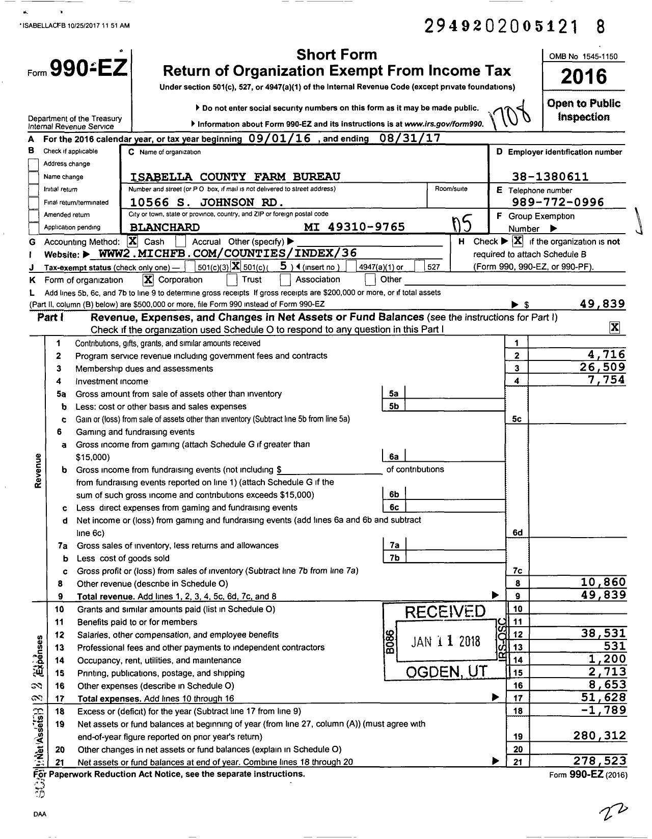 Image of first page of 2016 Form 990EO for Isabella County Farm Bureau