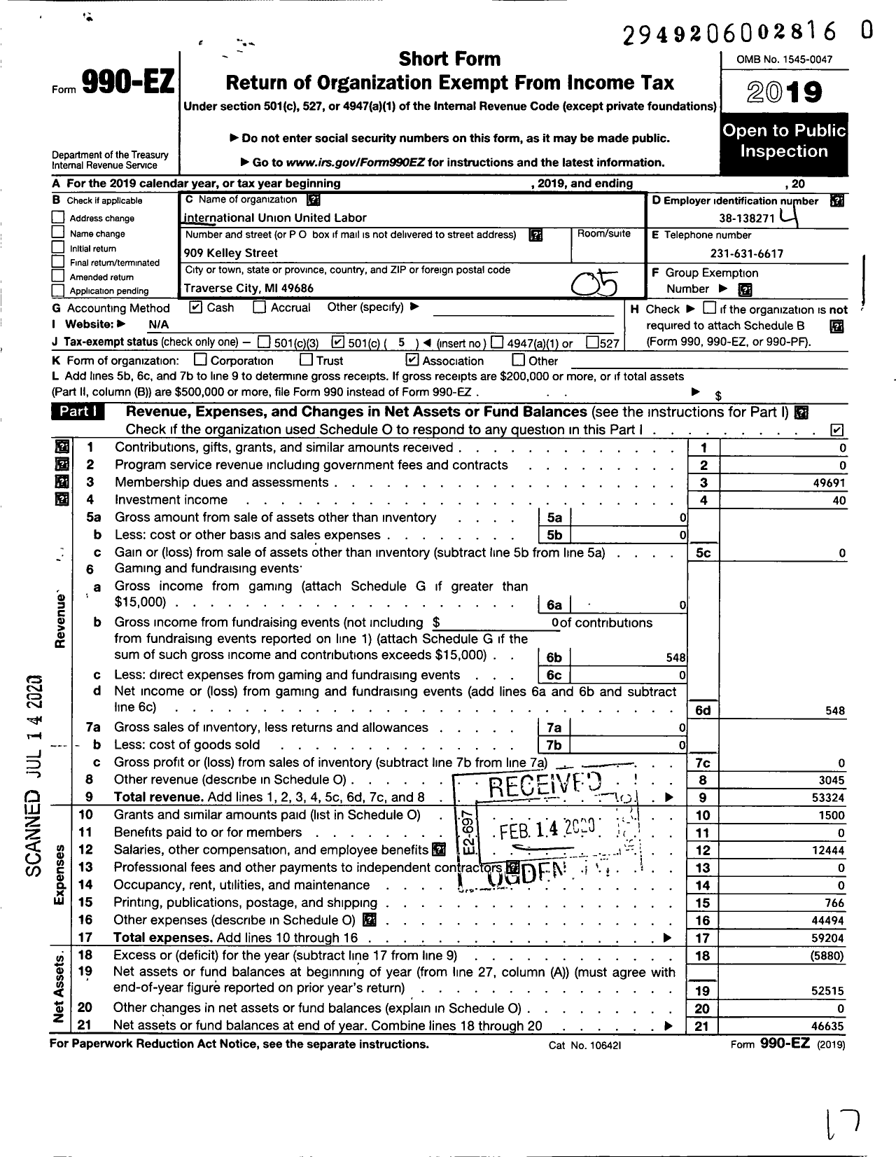 Image of first page of 2019 Form 990EO for Uaw - 21 Local 1D Region