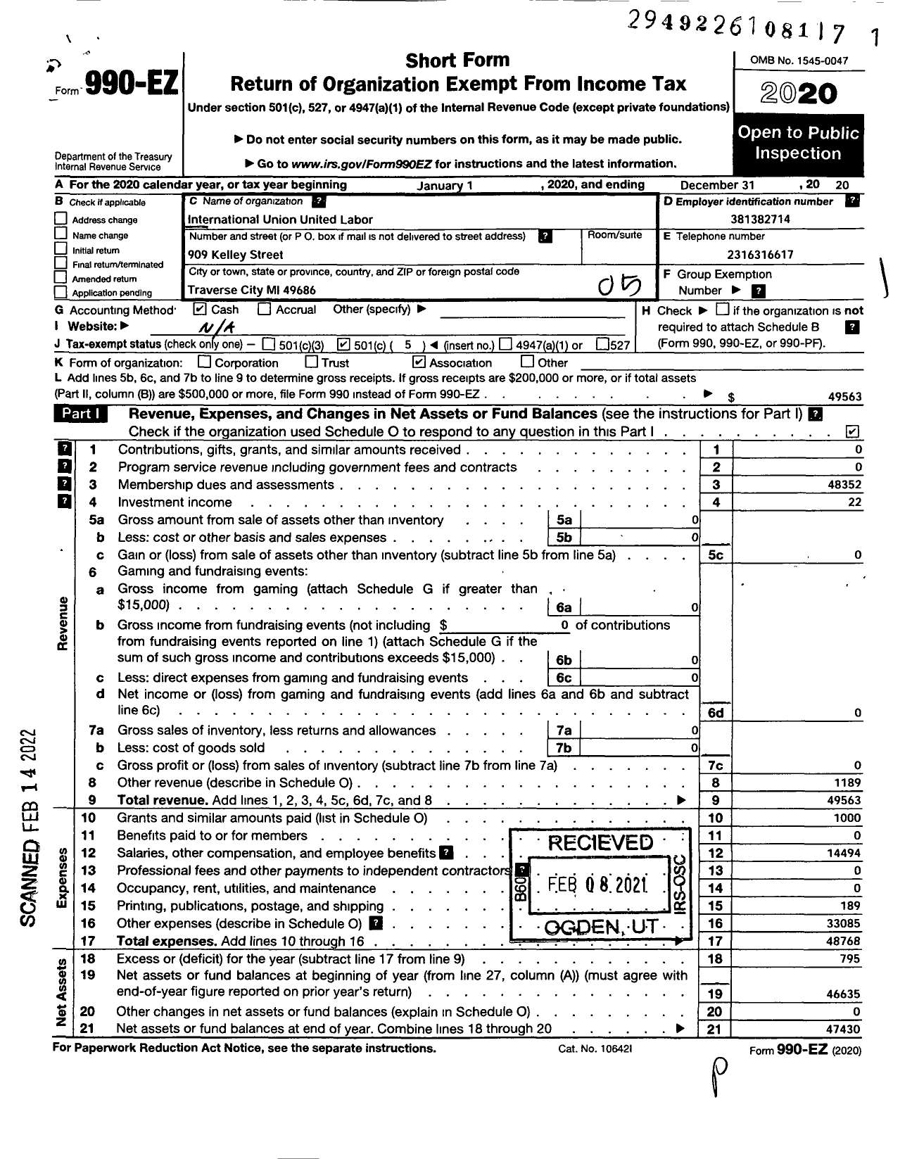 Image of first page of 2020 Form 990EO for Uaw - 21 Local 1D Region