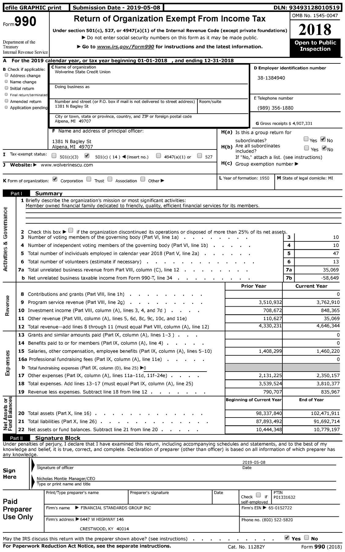 Image of first page of 2018 Form 990 for Credit Unions Chartered in the State of Michigan - 1099 Wolverine State Credit Union