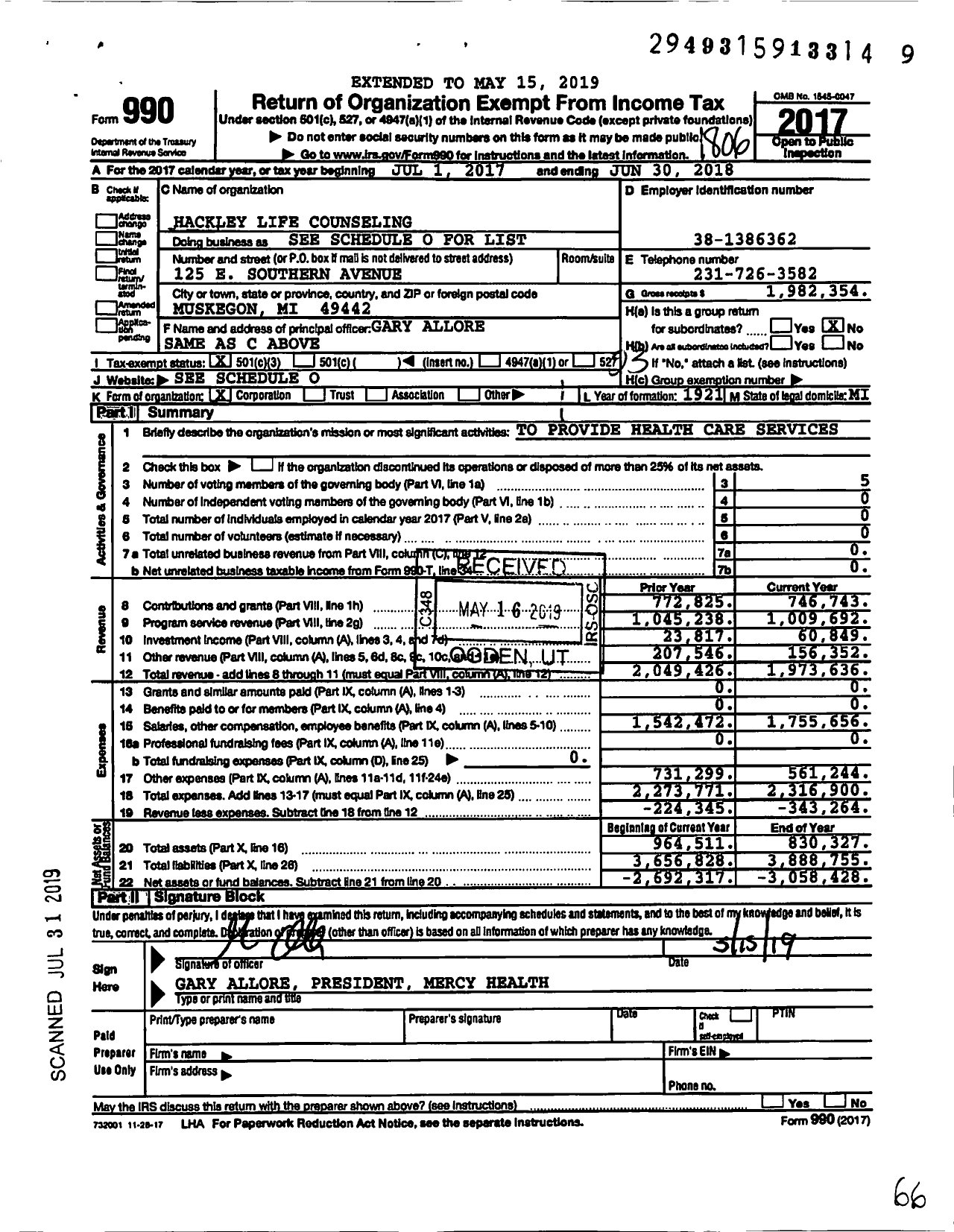 Image of first page of 2017 Form 990 for Hackley Life Counseling