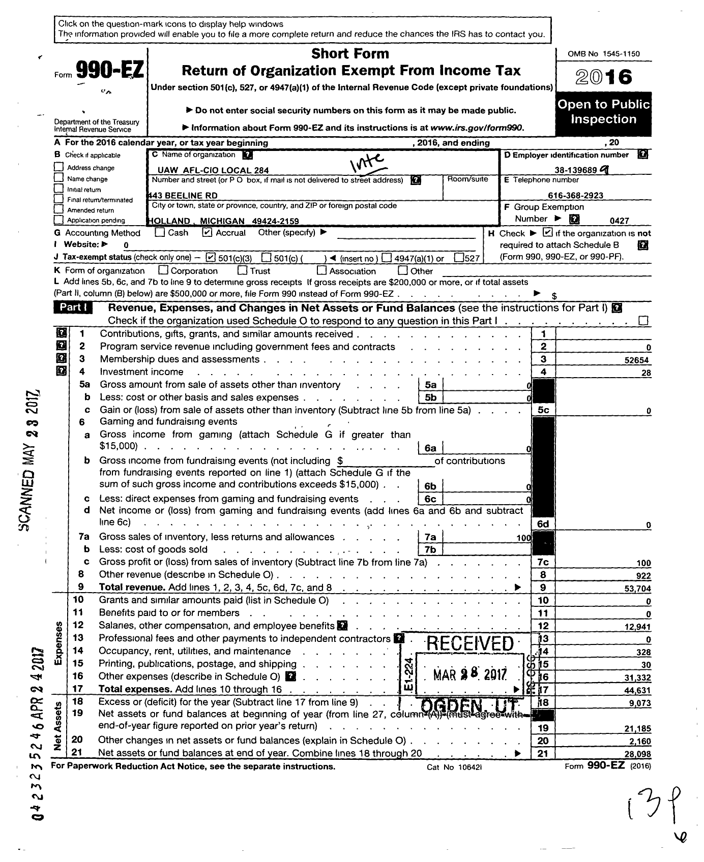 Image of first page of 2016 Form 990EZ for Uaw - International Union United Auto Areospace and Agriculture Workers