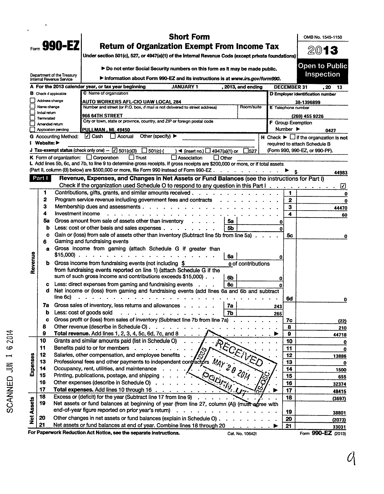 Image of first page of 2013 Form 990EZ for Uaw - International Union United Auto Areospace and Agriculture Workers