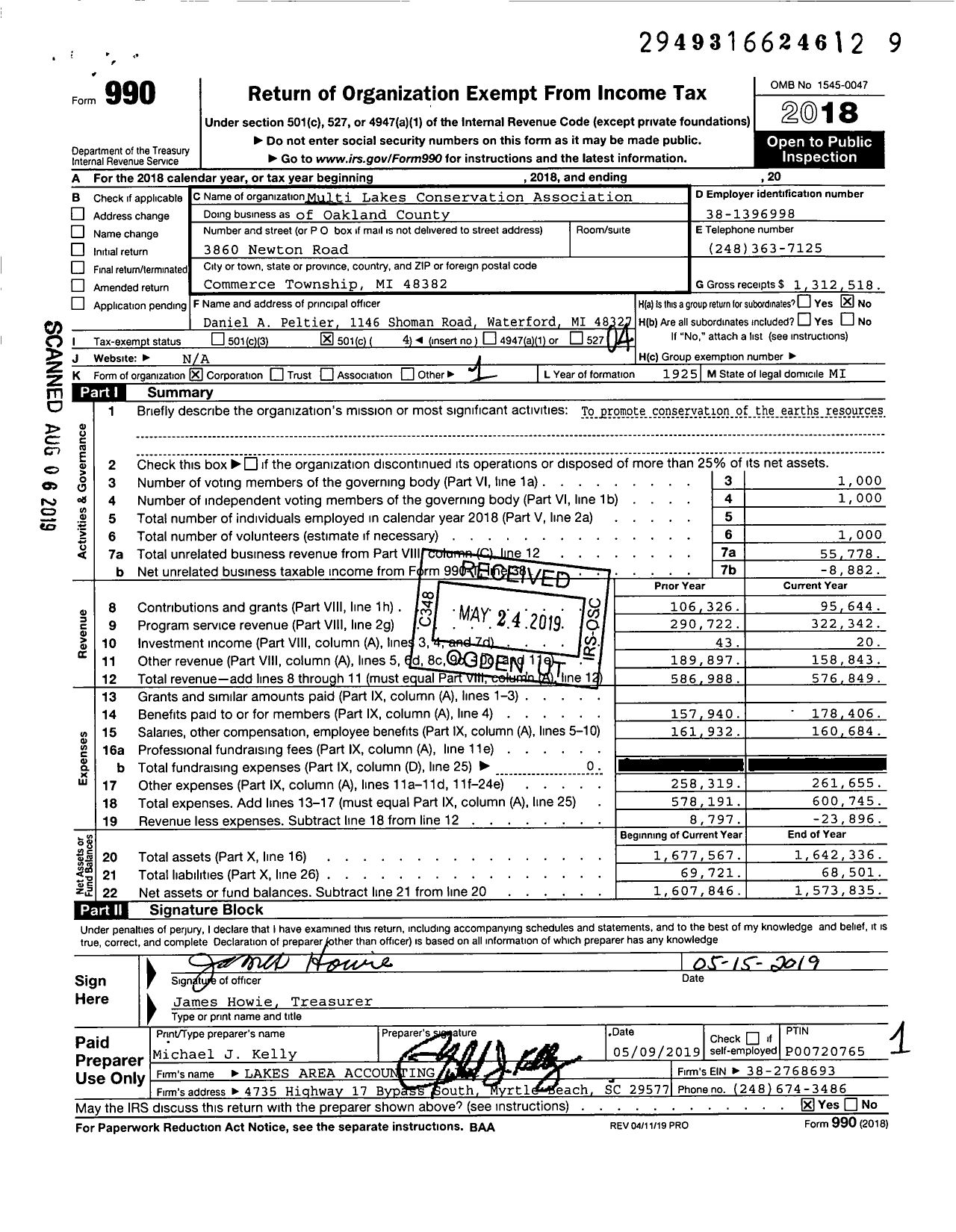 Image of first page of 2018 Form 990O for Multi Lakes Conservation Association of Oakland County