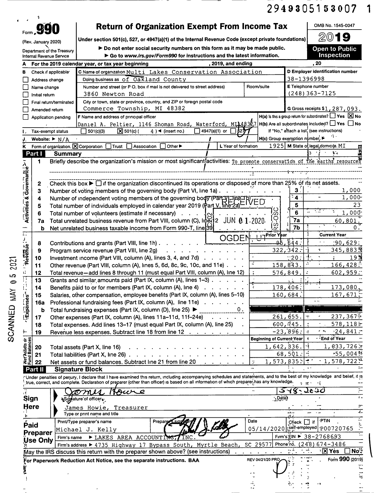 Image of first page of 2019 Form 990O for Multi Lakes Conservation Association of Oakland County