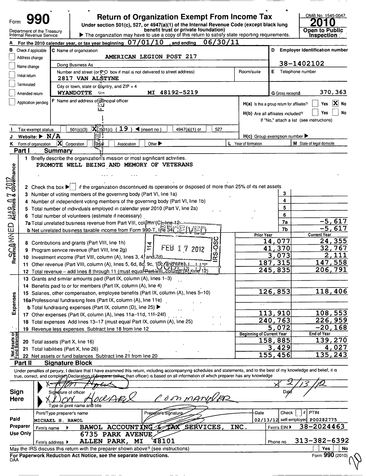 Image of first page of 2010 Form 990O for American Legion Post 217