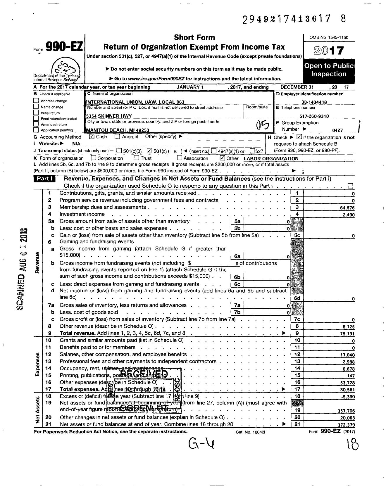 Image of first page of 2017 Form 990EO for International Union Uaw Local 963