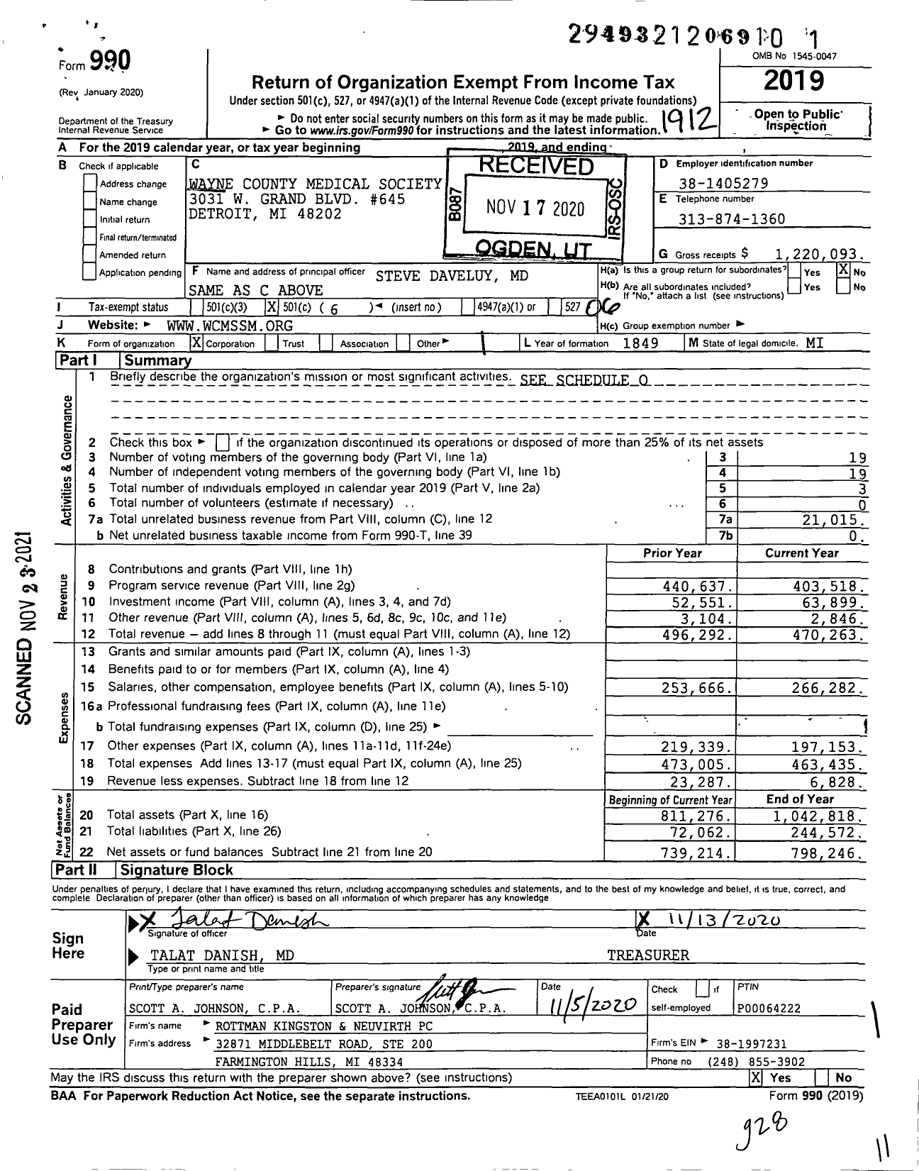 Image of first page of 2019 Form 990O for Wayne County Medical Society