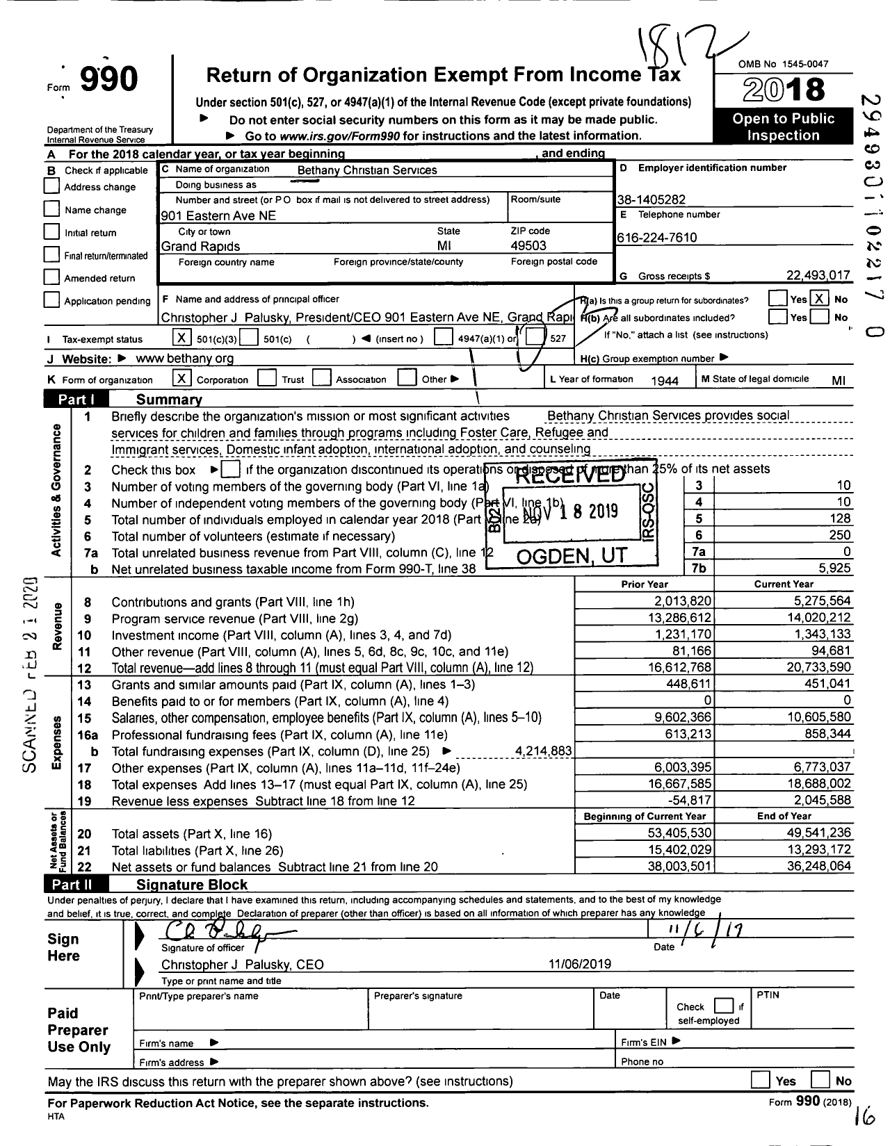 Image of first page of 2018 Form 990 for Bethany Christian Services