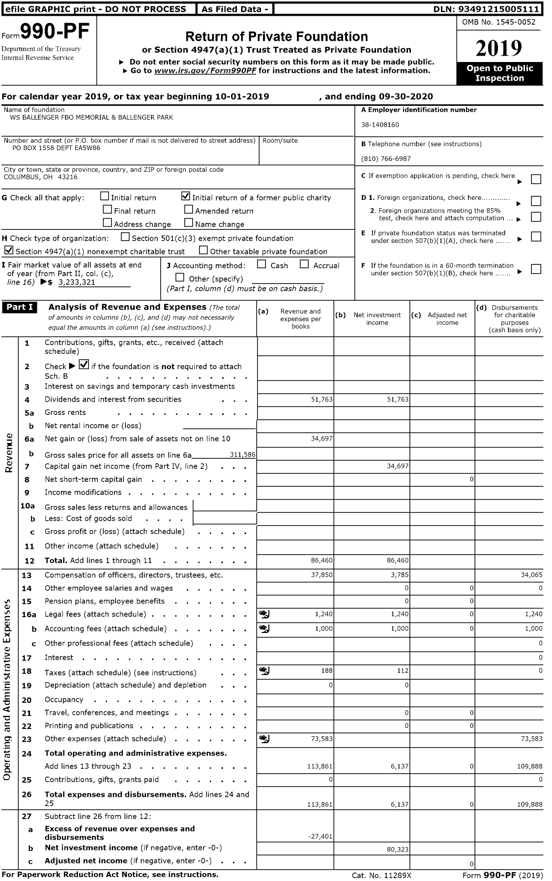 Image of first page of 2019 Form 990PF for WS Ballenger Fbo Memorial and Ballenger Park