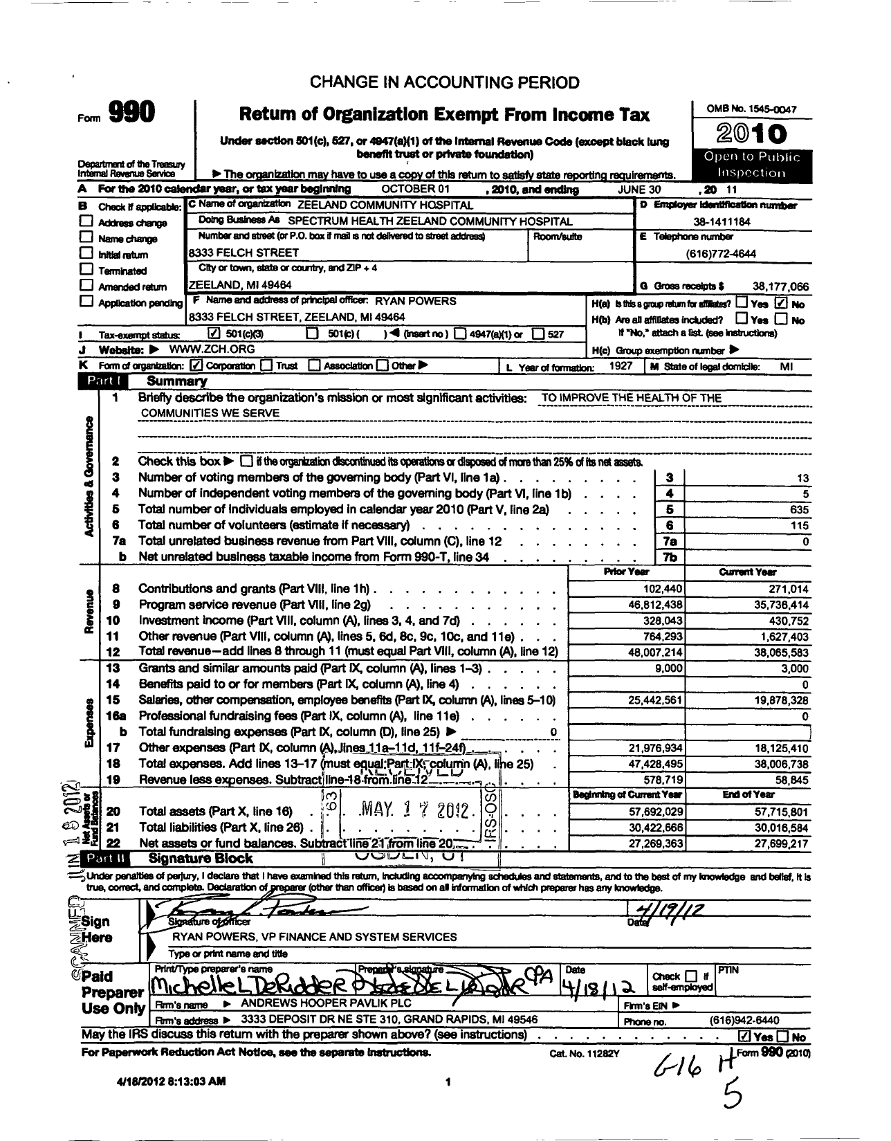 Image of first page of 2010 Form 990 for Zeeland Community Hospital