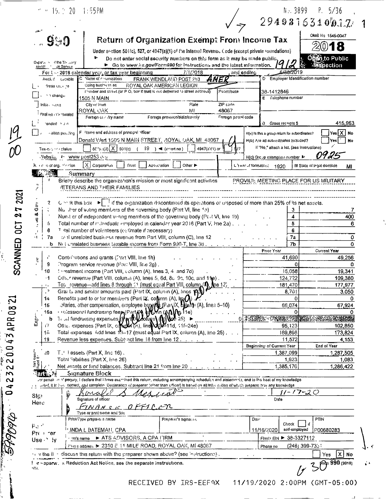 Image of first page of 2019 Form 990O for Royal Oak American Legion