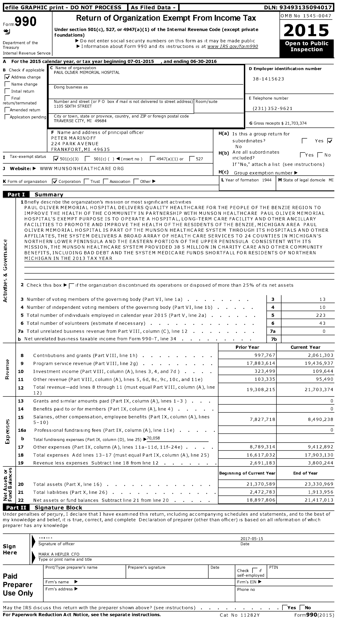 Image of first page of 2015 Form 990 for Paul Oliver Memorial Hospital (POMH)