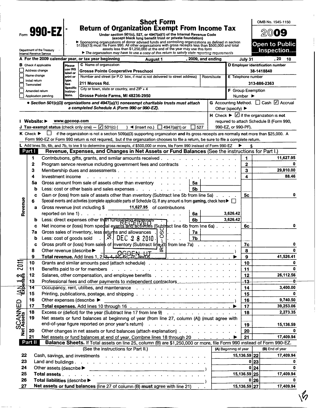 Image of first page of 2009 Form 990EO for Grosse Pointe Cooperative Preschool