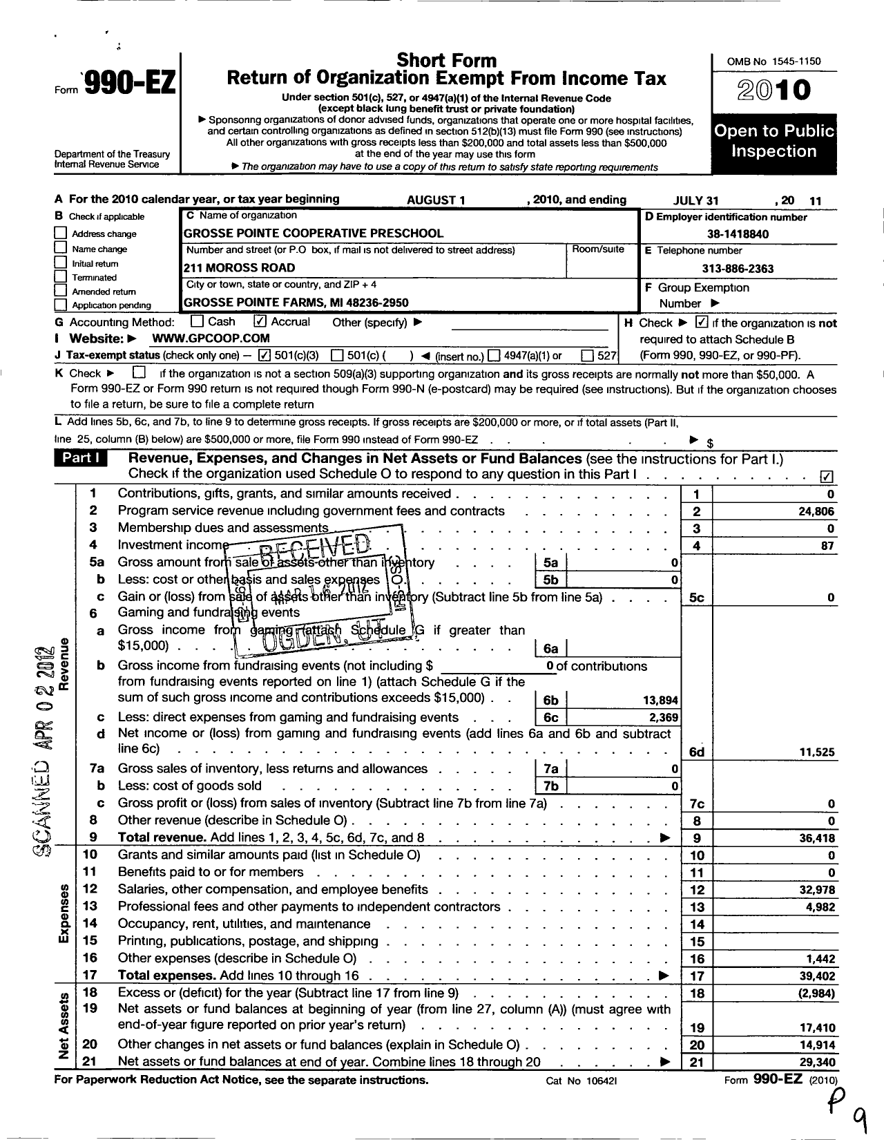 Image of first page of 2010 Form 990EZ for Grosse Pointe Cooperative Preschool