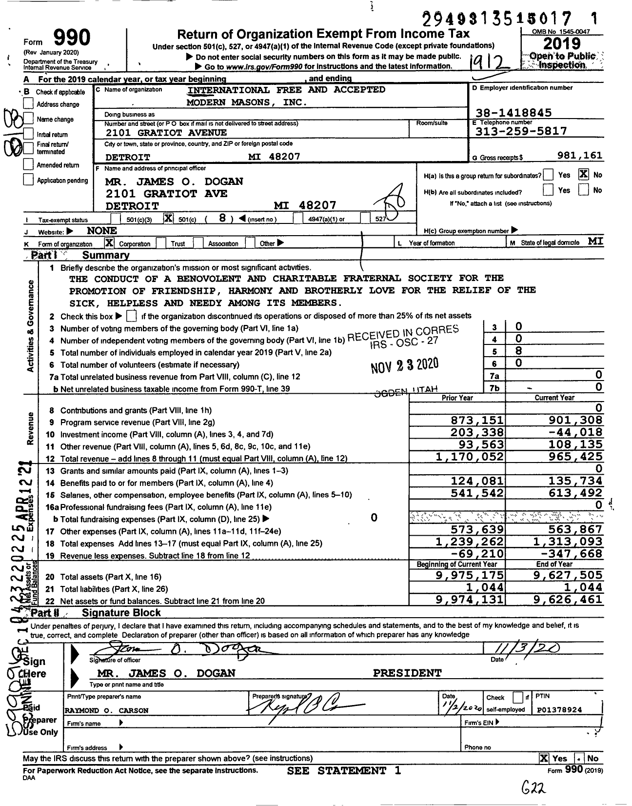 Image of first page of 2019 Form 990O for International Free and Accepted Modern Masons