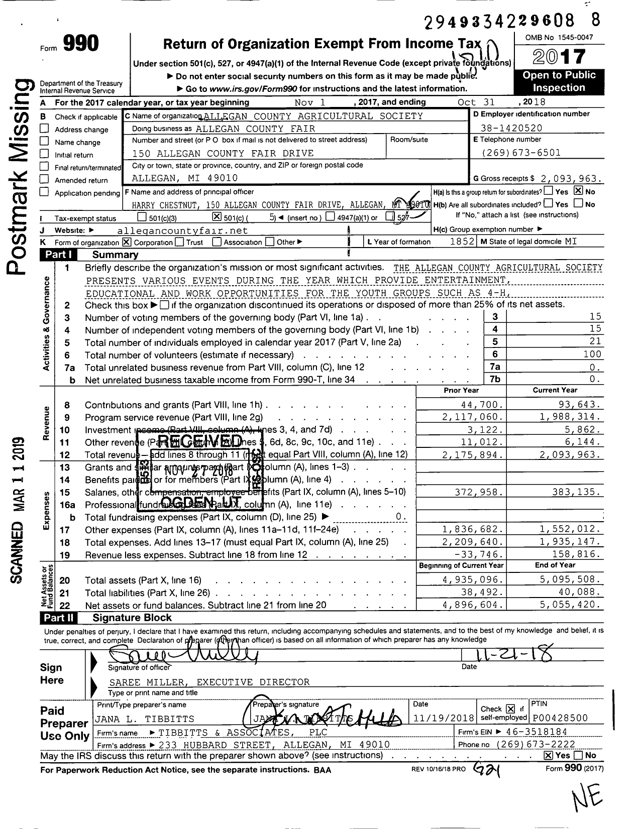 Image of first page of 2017 Form 990O for Allegan County Fair