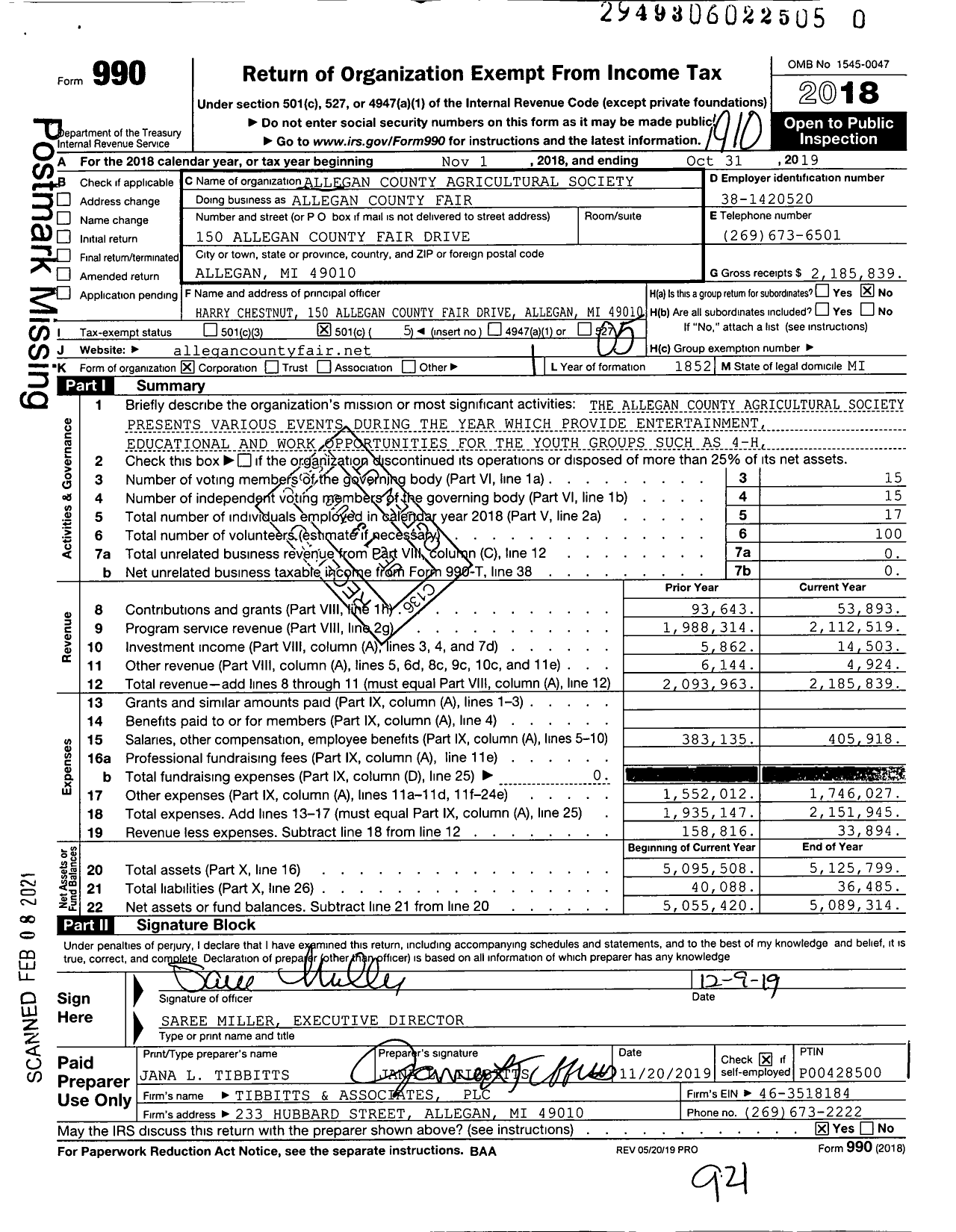 Image of first page of 2018 Form 990O for Allegan County Fair