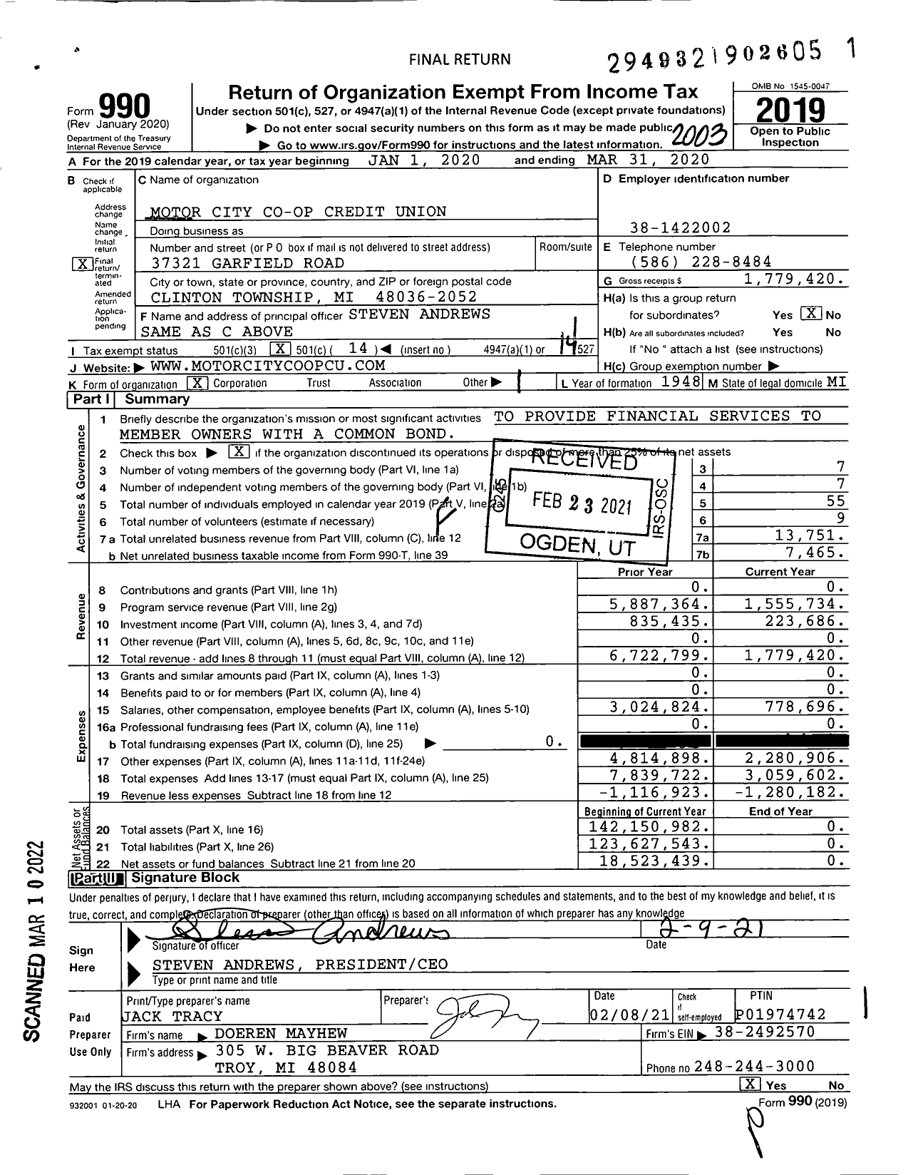 Image of first page of 2019 Form 990O for Credit Unions Chartered in the State of Michigan - 1102 Motor City Co-Op CRDT Un