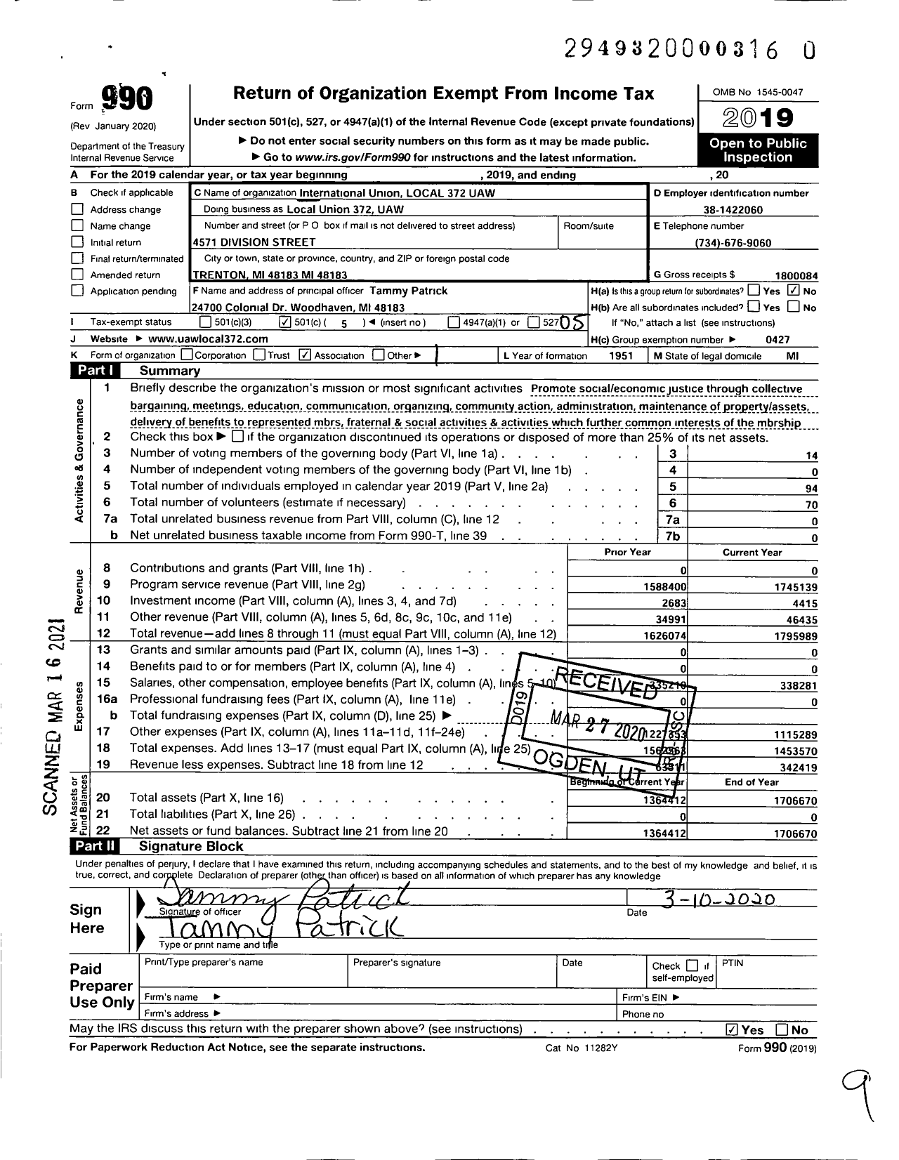 Image of first page of 2019 Form 990O for UAW - International Union Local 372 UAW