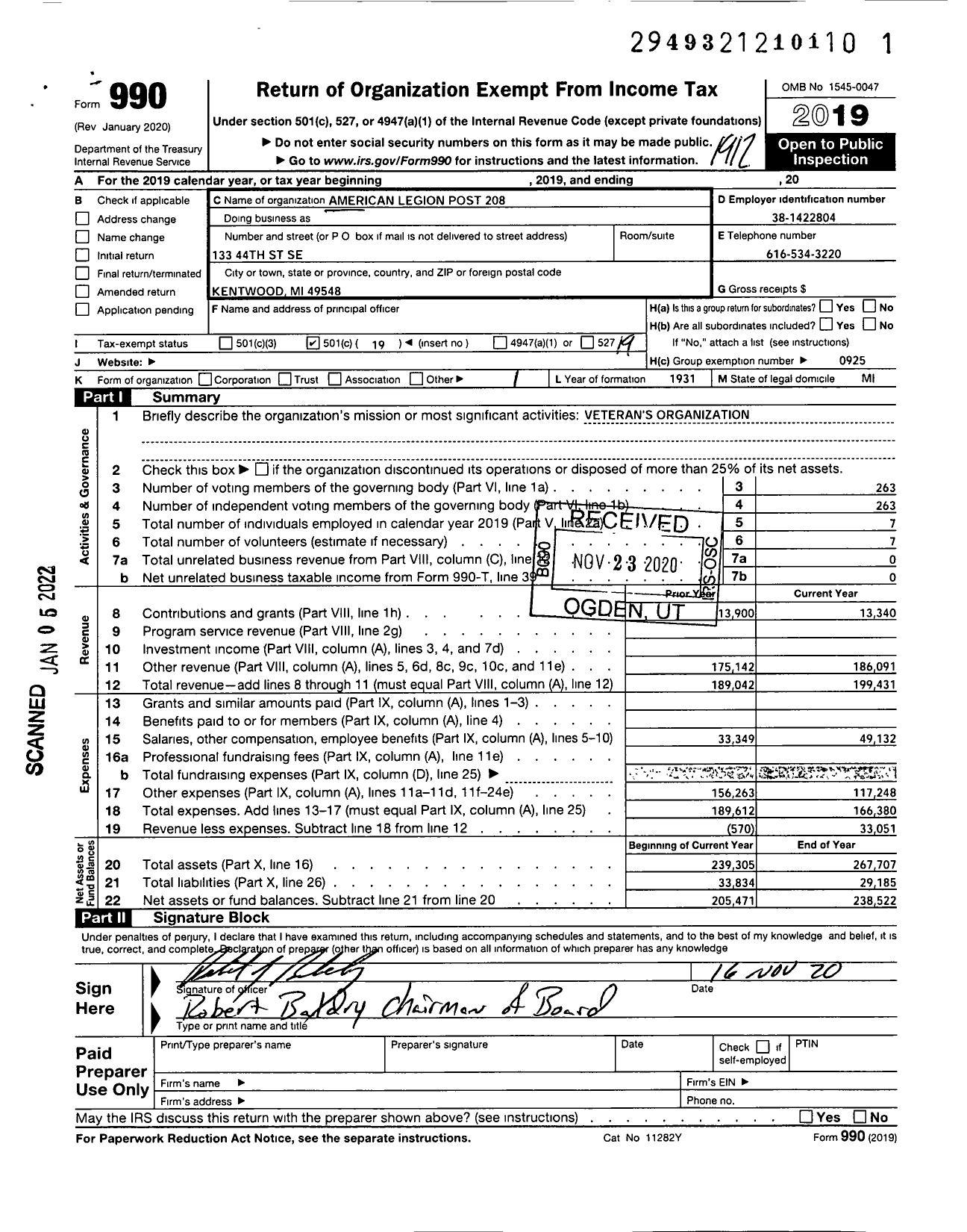 Image of first page of 2019 Form 990O for American Legion - 0208 Daniel Waters Cassard