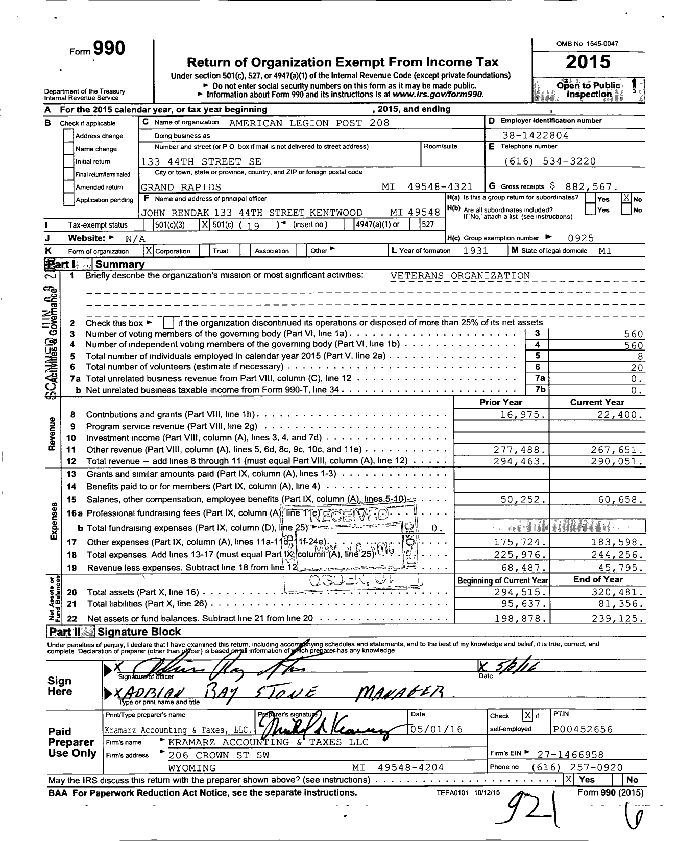 Image of first page of 2015 Form 990O for American Legion - 0208 Daniel Waters Cassard